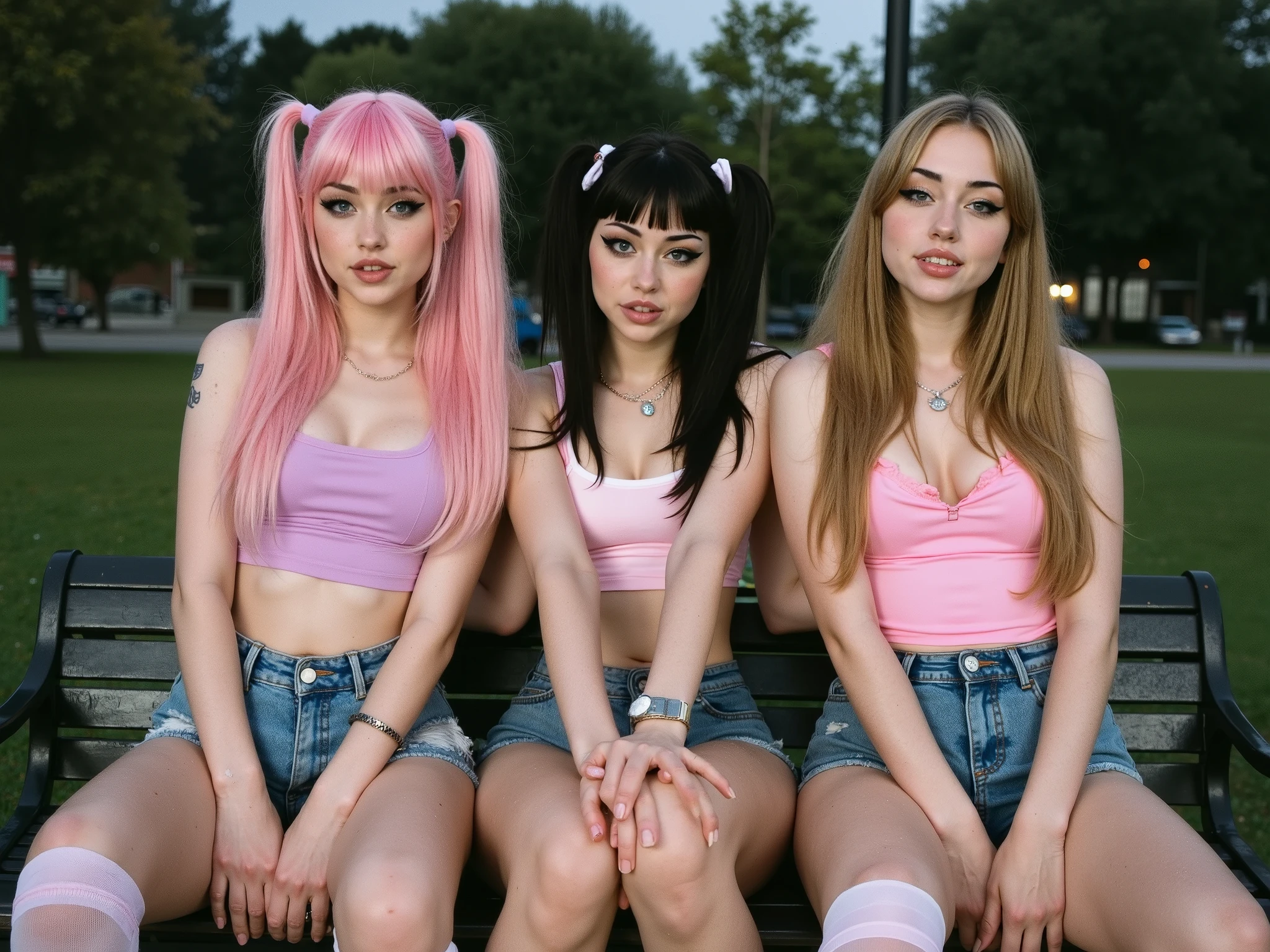 (raw photo, film photo, disposable camera), ((close up portrait)), 3 beautiful girls, sitting on bench in rainy park, stormy dark day, dark trees in background, rainy, pink hair, black hair, blonde hair, ponytail, pigtails, long hair, tank top, jean shorts, cleavage, curvy, thick thighs, thigh high stockings, high heels, looking at viewer, pastel vibrant surroundings