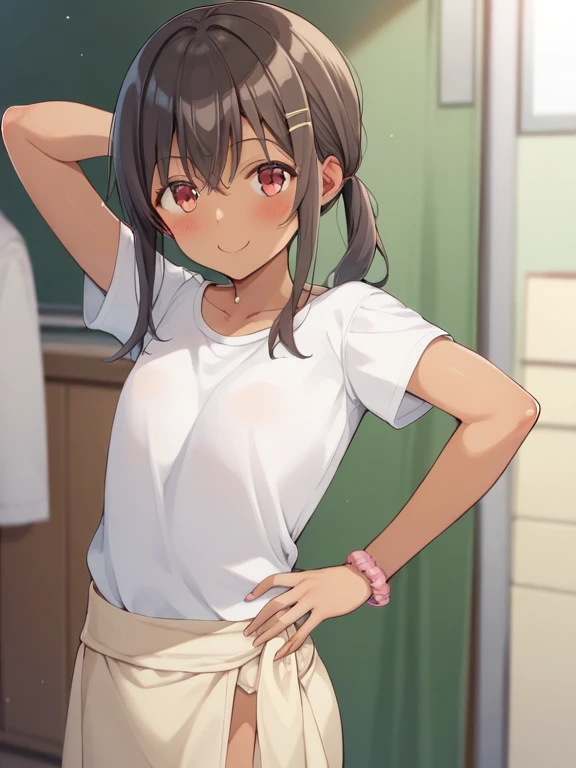 nsfw,(masterpiece), (best quality), (detailed face),(ultra hi res:1.2),(illustration:1.3),(game cg:1.2),(official concept art:1.2), BREAK idolmaster, {{{hajime fujiwara}}}, (17yo,beautiful girl,cute girl),(beautiful black eyes),(beautiful black hair), (((semi long hair))),((straight hair))),(wet hair), (wet skin),BREAK ((to wrap a tenugui around one's head)),(((dark red monkshood))),(open clothes), (midium breasts), (nipples), (nipple slip), (pussy), (pussy slip), (spread pussy:1.3),((pubic black hair:1.5)),(no bra), (no panties),BREAK (embarrassed),(light smile), ((one eye closed)),(open mouths),((tongue out)),(deep breathing).(blash),BREAK(standing),((pull your pants down to your feet)),(undressed),BREAK (indoor),(pottery workshop),(at night),(look up from below view),