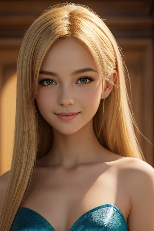 masterpiece, highest quality,Face-to-face audience, upper body whole body,middle-aged women,Attitude of the Greek goddess, Melon Seed Face, ((long slit eyes)), mole under eye,Brown eyeballs, thin lips, blonde, very long hair, Smile with your mouth closed,40 year old mature woman, self - portrait, simple background,Completely naked,thin legs,Close your eyes and laugh