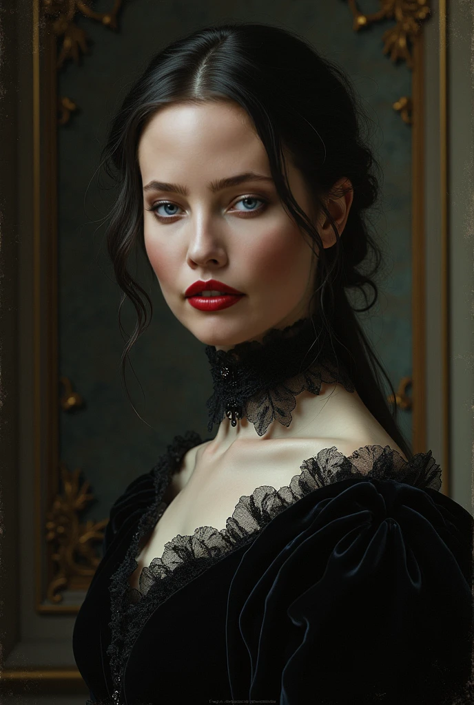 1 beautiful Gothic girl, (Realistic:1.3) upper body, photo, stand in front a manor, gothic dress, dark hair, blue eyes, masterpiece, diffuse soft film lighting, portrait, heavy makeup, best quality (perfect face:1.4), ultra-realistic highly detailed intricate realistic simulation style photo sharply focused on eyes, cinematic lighting, studio shot, gorgeous pose