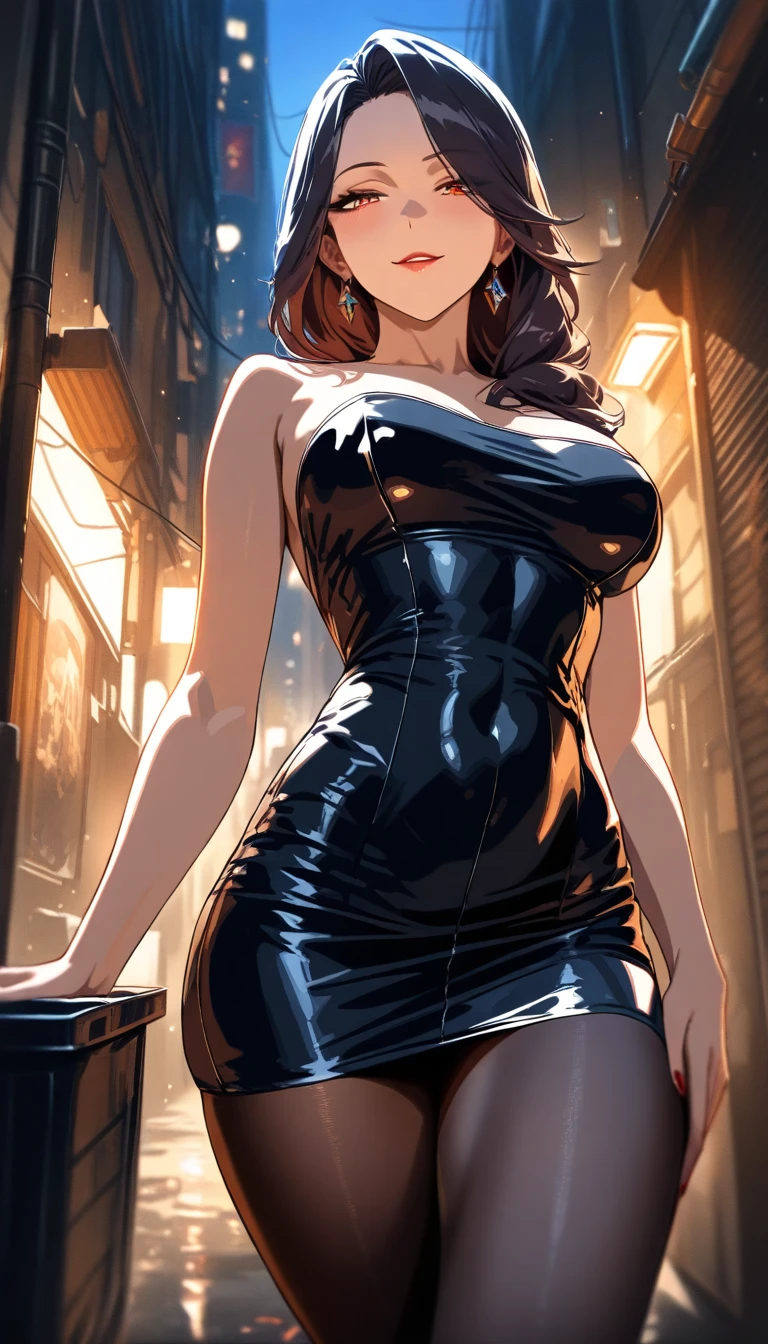 masterpiece, best quality, ultra-detailed, illustration, colorful, flat color, depth of field, lens flare, 1girl, gradient hair, anime, (shortstack), (shortstackBT), (closeup, cowboy shot, view from below), (upper body), open shoulders, cleavage, looking at viewer, (black leotard, playboy bunny, black pantyhose, detached cuffs, detached collar), short height, detailed fabric texture, beautiful detailed face, smile, seductive, alluring attire, collarbone, (gigantic breasts, saggy breasts, huge breasts, curBest quality,woman,perfect and beauty face,little smile,long curly red hair,sheer beige latex tight mini dress, cleavage,shiny beige pantyhosevy, voluptuous, curvaceous), (hands on hips), makeup