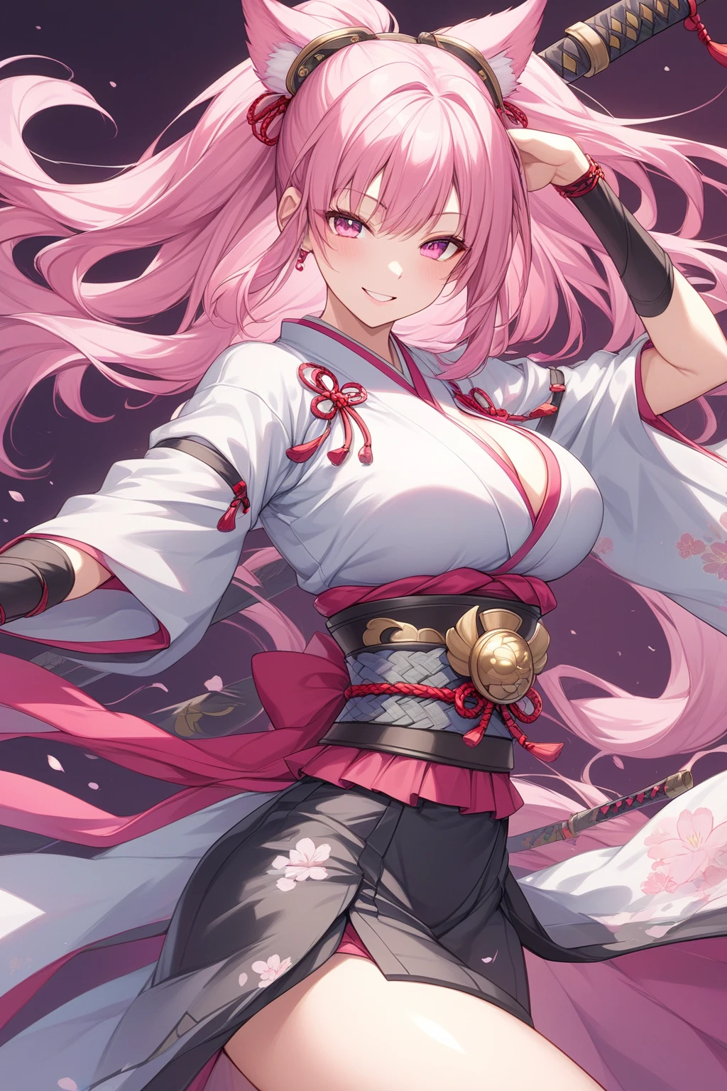 (masterpiece, best quality:1.2), cowboy shot, solo, 1girl, baiken, amputee, serious, ((Hold a samurai sword )) closed mouth, looking at viewer, ponytail, eyepatch, multicolored clothes, open clothes, japanese clothes, kimono, large breasts ,( background-Pink-willow-tree)