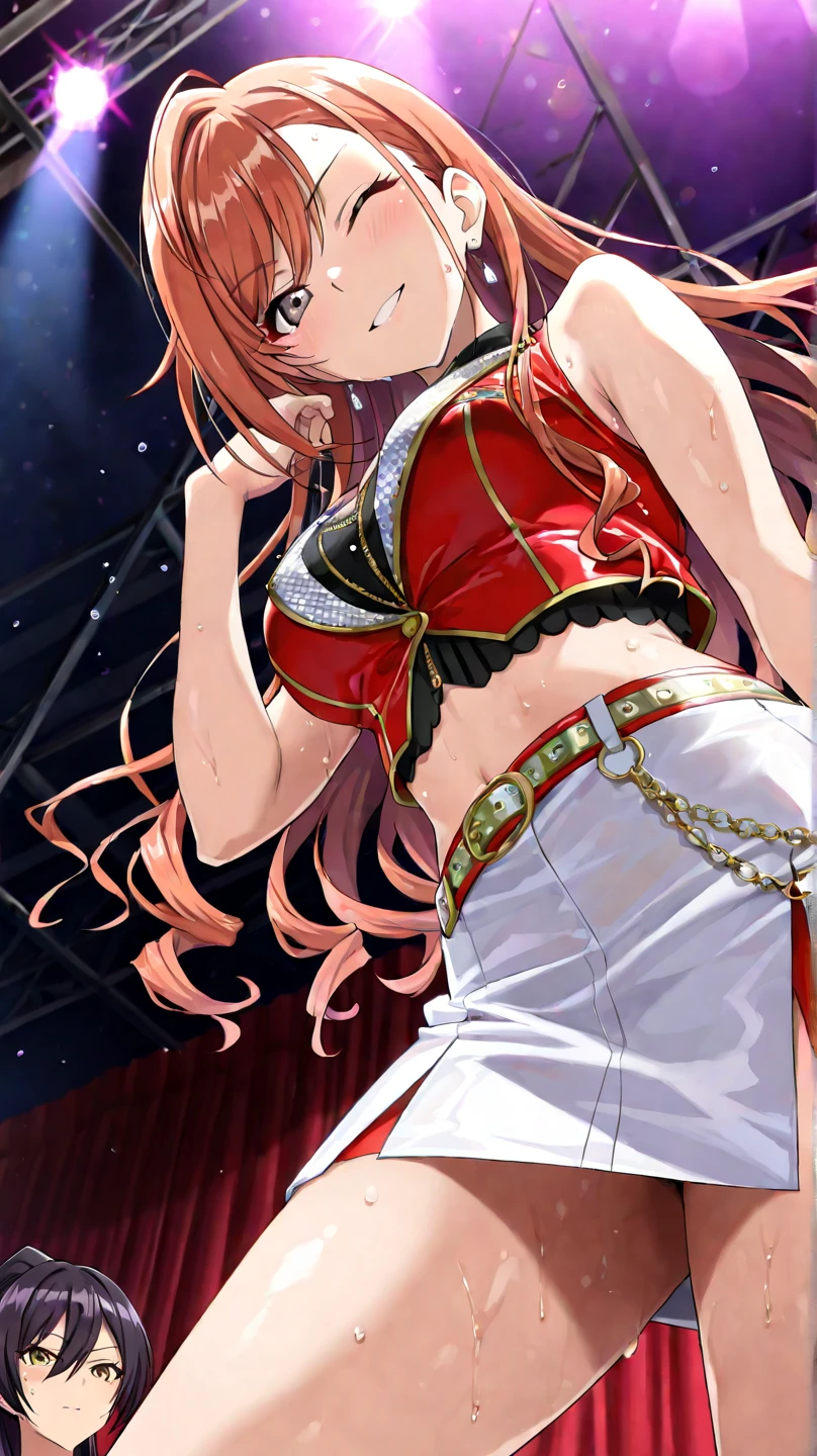 La mejor calidad, Erza, 1girl, solamente, largo_cabello, senos, Looking_en_espectador, inexpresivo, big size ass_senos, brown_ojos, escote, 鎖骨, rojo_cabello, cabello_sobre_Uno_ojo, trono, alta calidad, bailar, Dancer, Ropa de baile, barriga, stomach, Bedlah, Cara perfecta,ojos expresivos, black eyes
