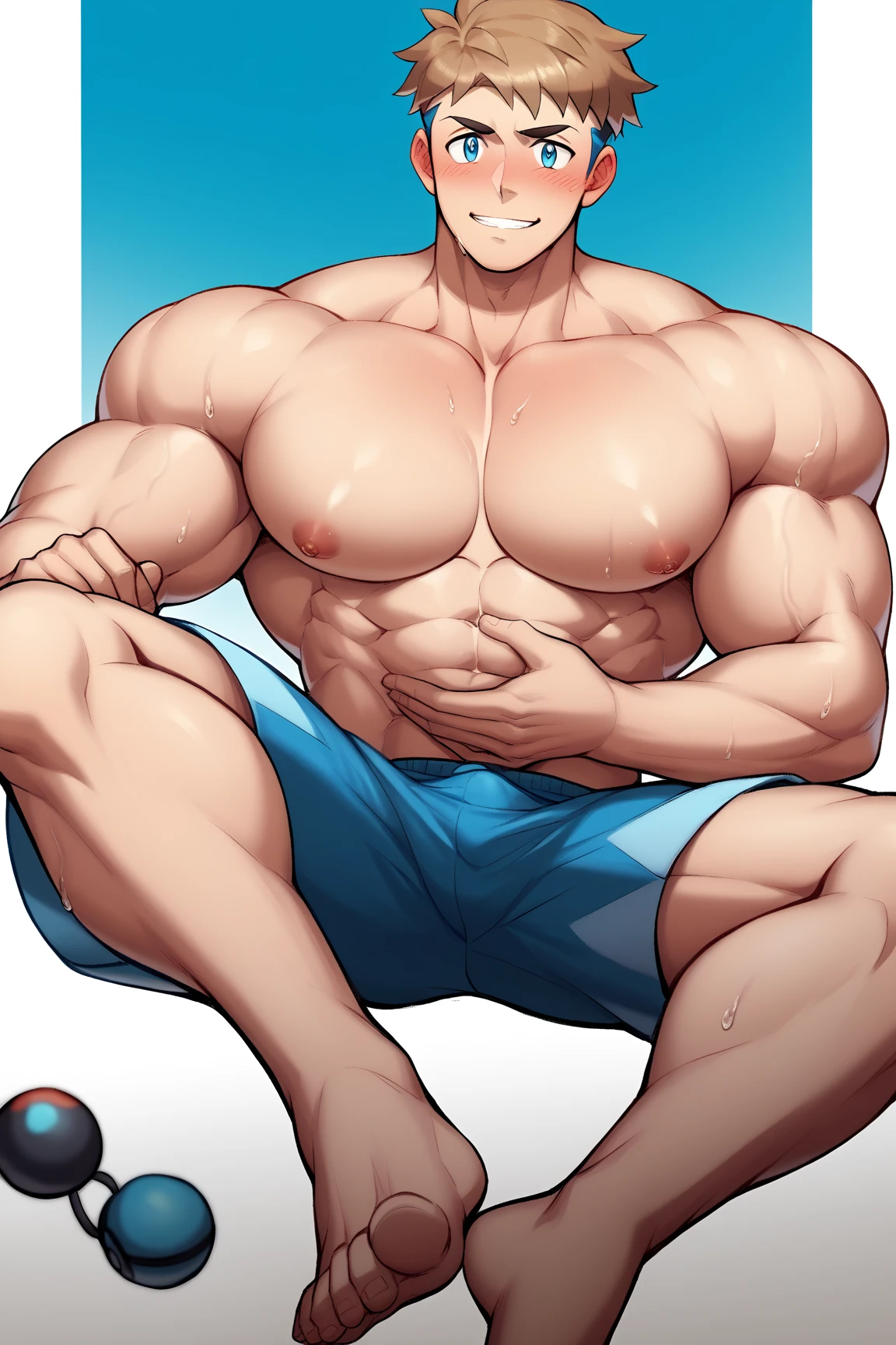 Ash Ketchum and from Pokémon flexing his biceps in a coach's office at the coach's orders under hypnosis with glowing red eyes as he grows into big dumb sweaty hairy muscular football jock bro with a flat top buzzcut haircut. Hyper muscles. Massive muscles. Big biceps. Big triceps. Big traps. Broad shoulders. Big pecs. Bulging crotch. Hyper crotch bulge. Dumber and dumber. Blank stare with open mouth while saying, "I am a dumb jock.... I obey.... Dumber and dumber.... Yes, Coach.... I'm your player, Coach. Whatever you say.... Dumb jocks must obey.... Flex, ... grow, ... and obey.... Huhuhuhuh...." Slumped shoulders. Hypnosis. Brainwashing. Bigger and dumber jock bro. Assimilation. Transformation into big dumb muscular jock bro. Slumped shoulders. Massive crotch bulge. Bulging glutes. Thick stubble. Hairy armpits. Repeating triggers to be dumber and dumber each time he says them to think and focus only on growing muscle and being the perfect football jock. Dimwit. Dullard. Bro. Stupid. Musclehead. Mass hypnosis. Entranced.