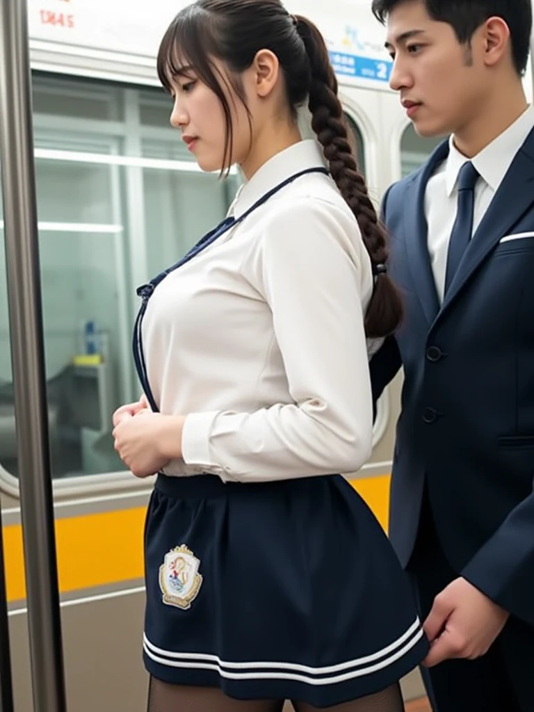 (Sexy idol with beautiful very young face with gentle and attractive Japan),Grab from behind、12 year old sexy idol、((Schoolgirl in sailor suit)),(Sailor collar),(Grabbing your butt from behind on a crowded train)、(Pleated skirt with rolled up)、Omeko Beautiful Girl１a person、((A man grabs a schoolgirl buttocks from behind))、((((molesting))))、Touching your buttocks from behind on the bus、(red blush)、((huge-breasted)),Sexy Girl、((Very small face))、(((sexual act、erotick)))、((Skirt flipped up、I can see panties))、(High twin tails)、high-level image quality、realisitic、(((agony、angry expressions)))、(((Touching a man in the chest or crotch)))、grabbing on breasts(((On a crowded train)))、((Striped panties)),Turned,(angry looking face)