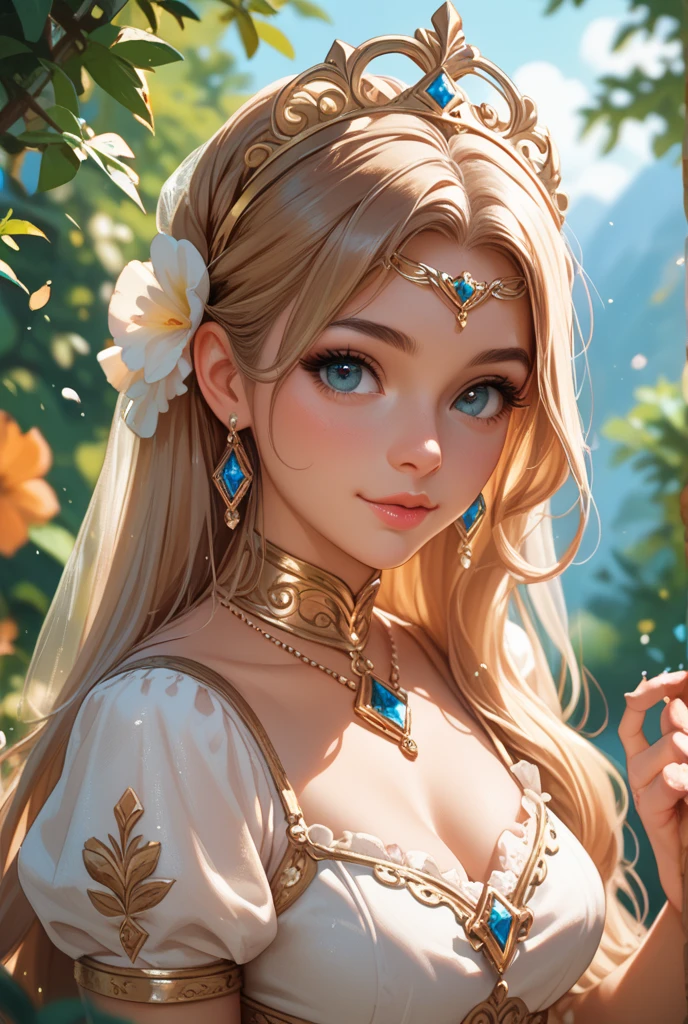 The personification of Artemis in Greek mythology 、infp young woman、、boldness、Noble clothing when hunting、Background in the forest、Sophisticated illustrations、Big eyes、Transparent eyes、Beautiful makeup、long eyeslashes、A smile、Smile、、Solo Photography、beatiful detailed eyes、vertical stripes Overall photo