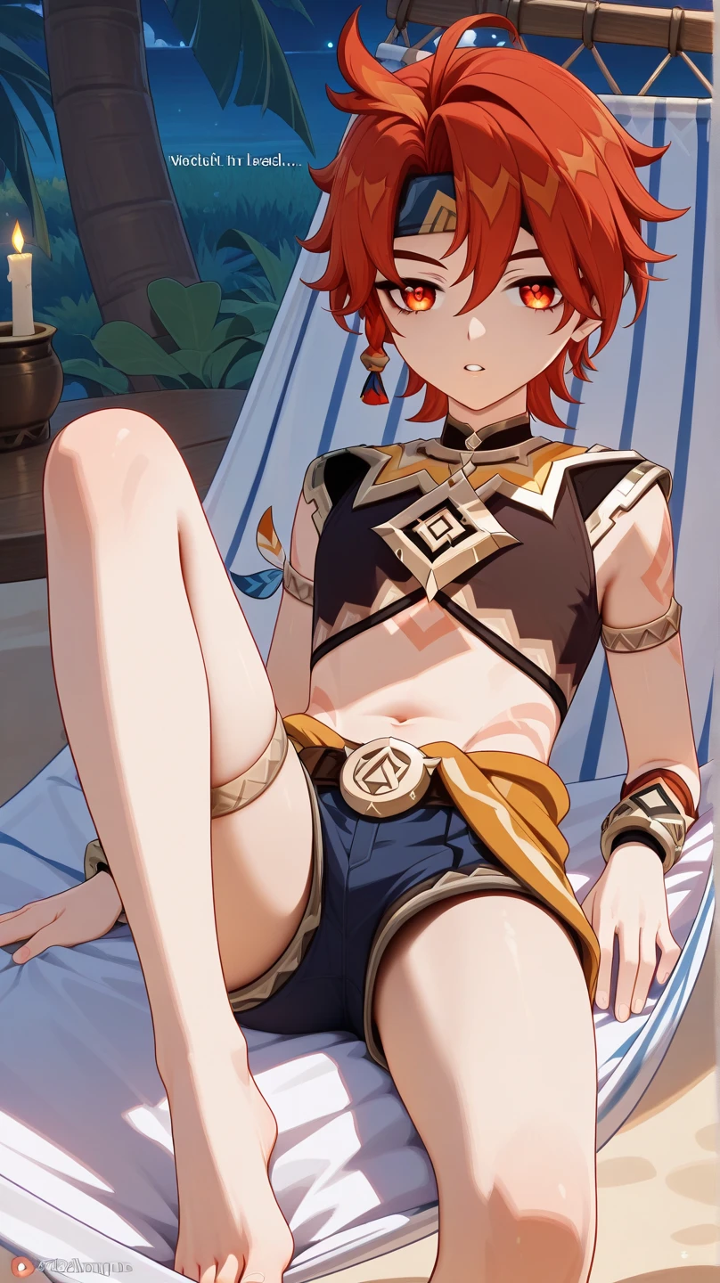 core_9, score_8_up, solo, BREAK, female , wilykit, girl, solo, brown hair, two-tone hair, multicolored hair, armlet, yellow eyes, head against hand, black hair, orange hair, animal ears, flat chest, throne room, sitting on throne, yellow skin,