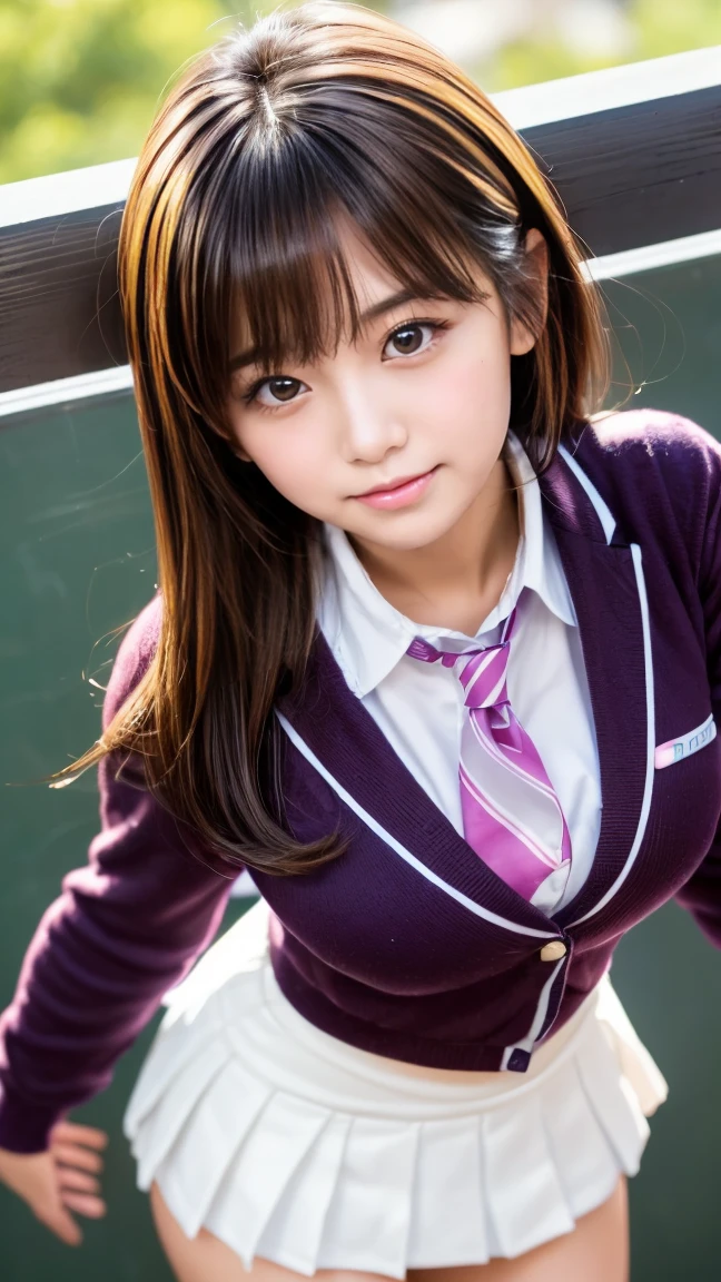 (A girl squatting and showing off her white panties)、(Legs spread wide:1.9)、Front low angle:1.5、(White blazer uniform、White and purple pleated skirt)、((Highest quality)), (Super detailed), (8k ),Raw color photography, Professional photography, Great face and eyes, Skinny、Model Style、Outdoor、Natural light:1.4、((Focus on panties))、(Light shines on panties)、Blonde Hair、Mesh Color、Small breasts:1.3、Earrings、Hands on cheeks、Thin thighs、smile、