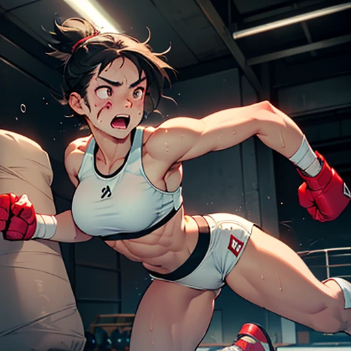 two persons a bloody japanese girl fighter and a lady fighter is fighting in the octagon ring. the lady. the lady is punching the girl's face so hard in a series . the girl has no energy. the girl is crying and screaming. the girl has short-cut black hair, shortness of breath, drool from her mouth, closed eye, exhaustion, and sweat soaked. open finger grobe. Muscularity. Six pack abs. Erect nipples.