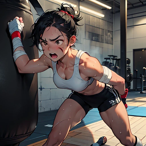 a bloody cute japanese high school girl fighter is beated down in a ring. she is groggy. she is defeated. she is knocked out. she have short-cut black hair, shortness of breath, drool from her mouth, one closed eye, exhaustion, and sweat soaked. sports-bra. bikini-shorts. open finger grobe.