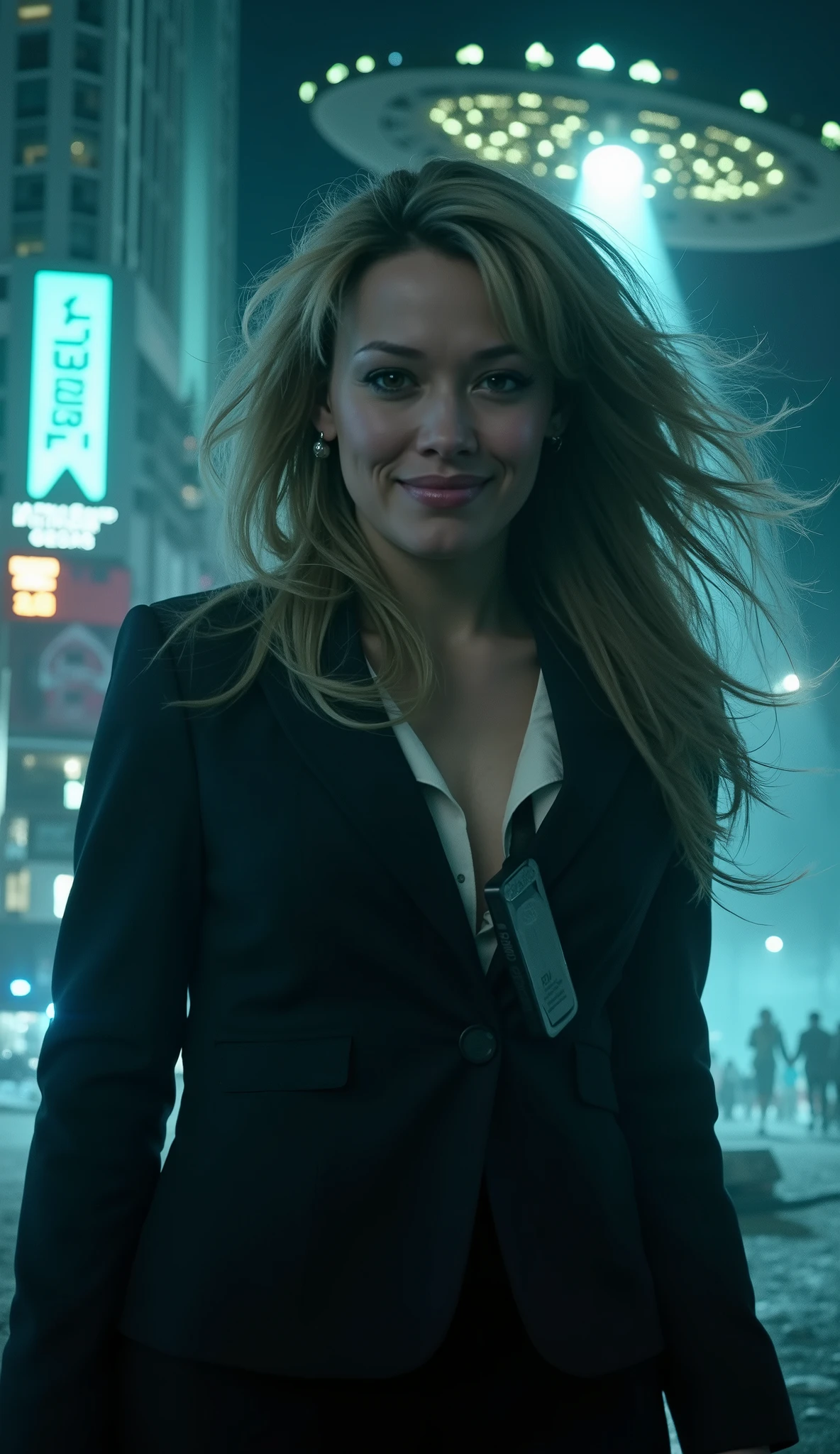 (low-angle perspective:1.6), (medium-shot:1.8), fearless FBI agent in black suit (voluptuous cleavage, white V-neck blouse), FBI badge on hip, gripping iPhone 15 Pro Max and tactical flashlight enlighted, (hyper-realistic facial details:1.6), (wind-blown hair:1.4), (confident smirk:1.5), intense eye contact with viewer, apocalyptic nighttime Times Square, TOTAL DESTRUCTION: shattered skyscrapers with glass shards raining down, overturned burning cars, cracked asphalt with glowing lava-like fissures, destroyed Coca-Cola billboard (neon letters sparking), Nintendo ad glitching with pixelated Mario, Apple logo split by turquoise beam, M&Ms sign melted, (INDEPENDENCE DAY MOTHERSHIP:1.8): colossal saucer-shaped alien warship (city-sized, black armored hull with glowing blue hexagonal patterns, massive energy cannon underneath), turquoise annihilation beam vaporizing buildings and illuminating the model from behind (dramatic backlighting, silhouette effect), falling debris, ash clouds, fiery explosions, hyper-detailed textures (8K), cinematic sci-fi realism, (((keep the exact face, hair and height details of the selected LoRA))), (((keep the typical hairstyle of the selected LoRA))), no stylization, (((smile)))