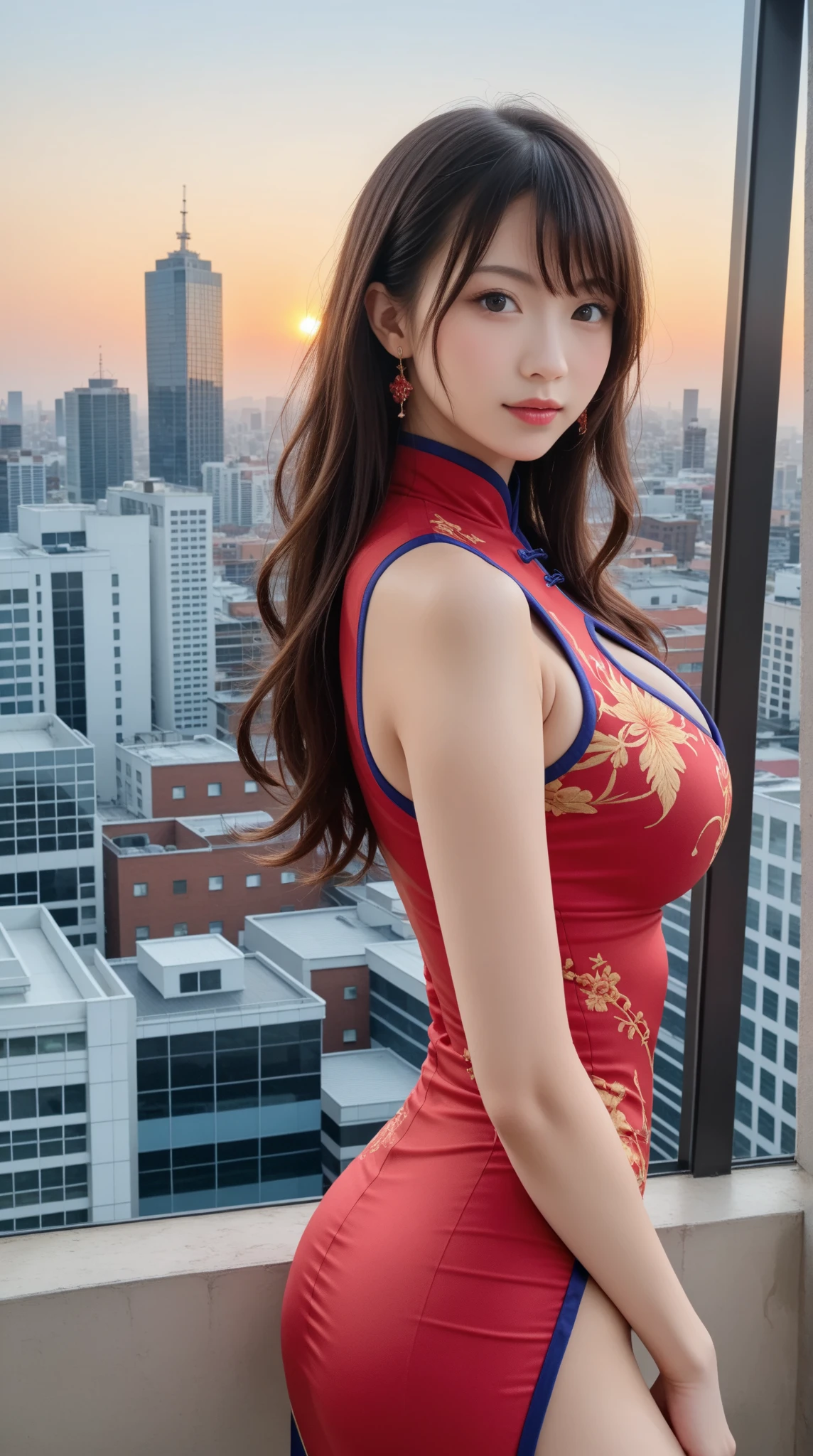 ((top-quality、masutepiece、8K、Top image quality、Hyper-Realism))、((女性1人、Chinese beautiful woman、She stands gracefully、she stands gracefully、the most luxurious cheongsam、Chinese dress with intricate decoration))、(women look at me、A slight smil、perfect anatomia、Dark red lipstick、large full breasts、Emphasize body lines)、((The background is the night view of Beijing、beijing cityscape、Midnight、total darkness))