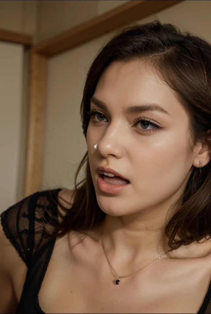 titjob, close up photo of beautiful brunette girl, ((((supermodel face)))), dark blue eyes, perfect lighting, (masterpiece, incredible detail, best quality:1.2), big breast, penis between tits