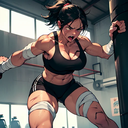 two person. a man and a girl is fighting in a ring. a man is punching bloody pretty young japanese girl fighter so hard. her belly is recieving his fist. she is crying and screaming. she is beated down. she is groggy. she has short-cut black hair, shortness of breath, drool from her mouth, closed eye, exhaustion, and sweat soaked. sports-bra. bikini-shorts. open finger grobe. full body. Super big tits. Very thick arms and thighs. Heavyweight. Muscularity. Six pack abs. Erect nipples.
