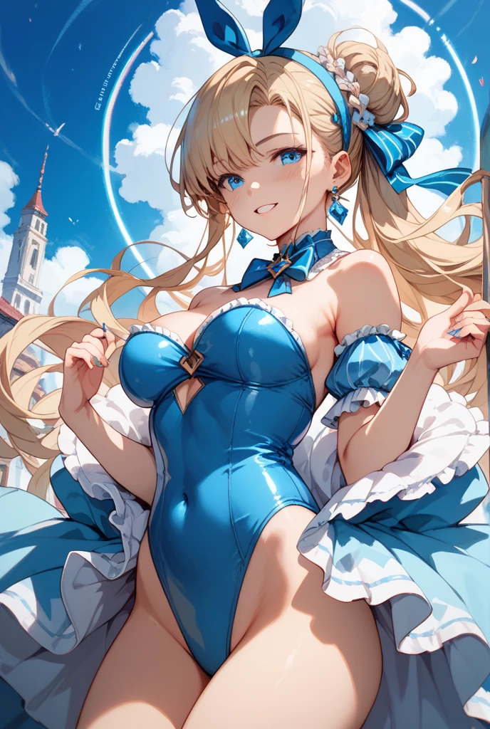 masterpiece, best quality, highly detailed, ultra high res, asuna ichinose, 1girl, animal ears, asymmetrical bangs, bare shoulders, black pantyhose, blue bow, blue bowtie, blue leotard, blue ribbon, bow, bowtie, card, cleavage, collar, covered navel, detached collar, fake animal ears, highleg, highleg leotard, leotard, pantyhose, rabbit ears, ribbon, sideboob, sidelocks, strapless, strapless leotard, swept bangs, thighband pantyhose, thighs, white collar, wing collar, looking back at viewer, city, (sunset:1.2)