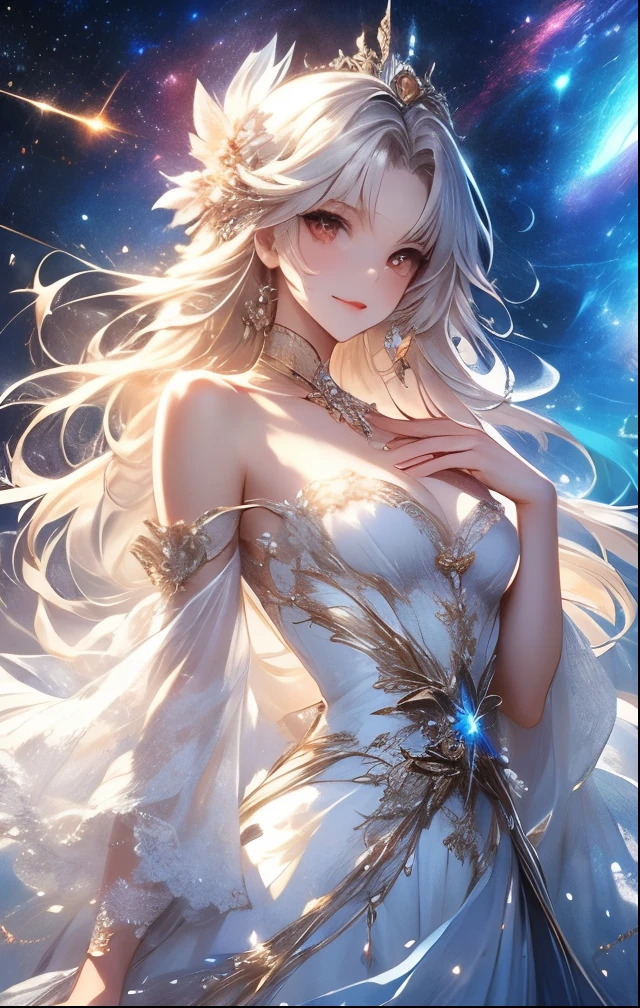 Night view,star,（White Haired Girl:1.5）,（（masterpiece））、（detailed：1.4）（close）、Top view、（Backlight）(A fantastic atmosphere、Ancient capital、Amazing beauty images,One Woman、white dust、Light and dance-like、Suspended particles), (Black Dress、Long dress with sleeves、Exposing shoulders、Off the shoulder)、（Gray hair that changes with light、length, Lustrous white hair、WHITE hair fluttering in the wind、Beautiful Bangs:1.3）、（Beautiful white and shining skin、Cheek gloss highlighter、Sexy and very beautiful and adorable face、The most beautiful face in the world、big, Sparkling blue eyes）、（Cute 25 year old girl、small beautiful breasts、Great cleavage and a tiny waist、Delicate shoulders、Perfect figure）Close-up image
