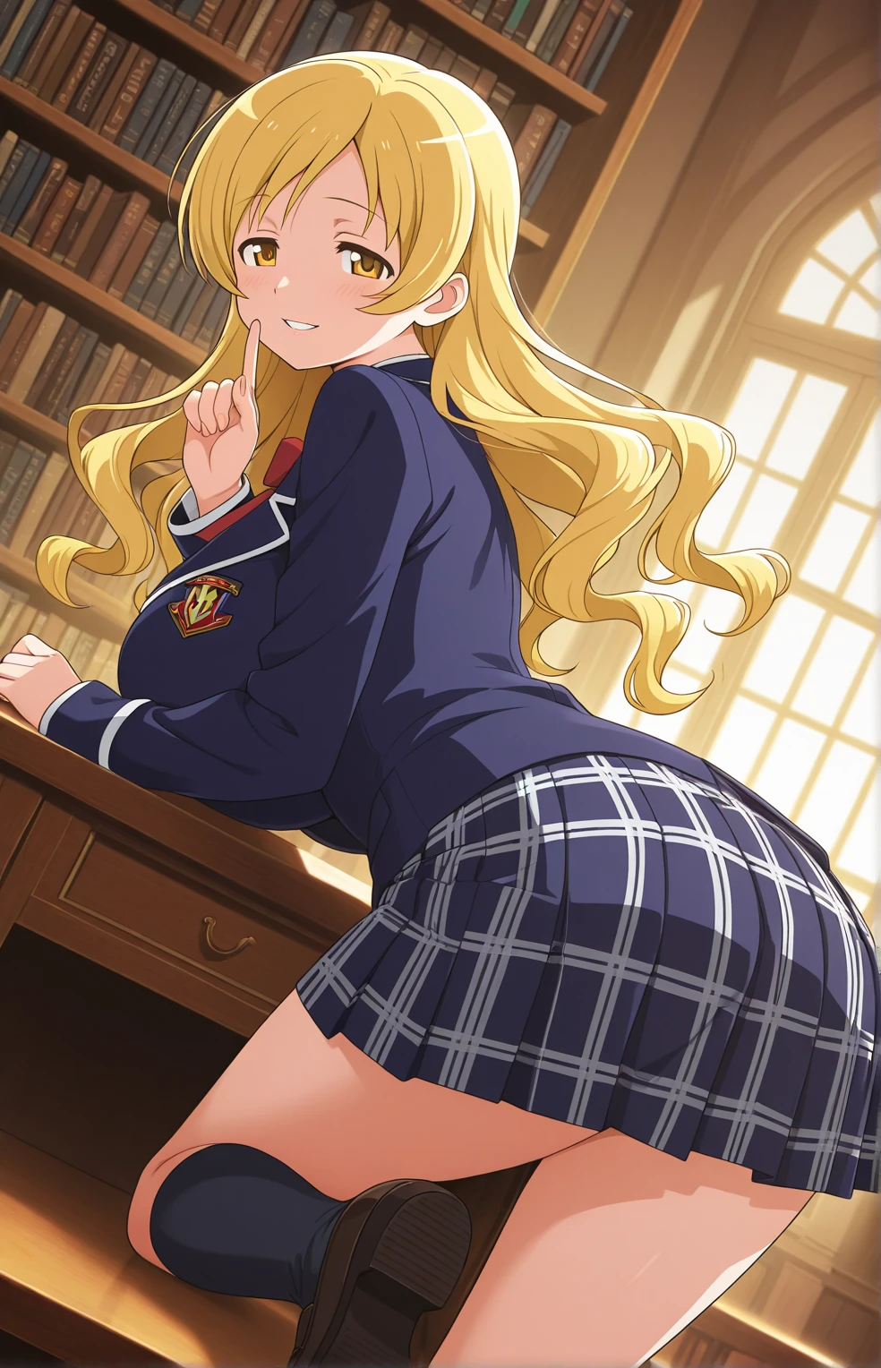 full body, barefoot, masterpiece, a beautiful schoolgirl, long blonde hair, (fantasy library background), erotic photoshoot, bent over a desk, from behind, schoolgirl uniform, shackles on legs, cow bell on choker, happy face, looking to the viewer, big open eyes, blush