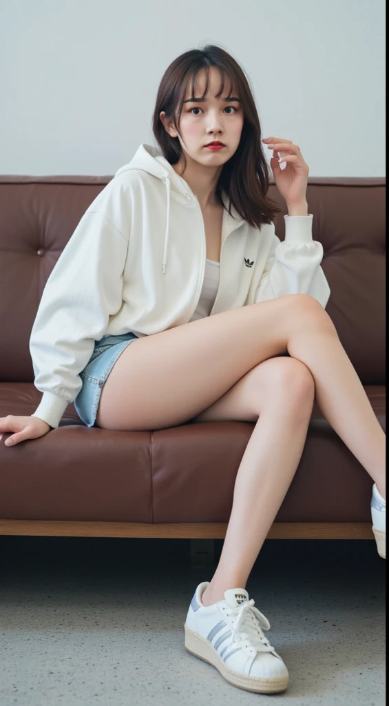 (best quality,4k,high resolution,superb details,ultra realistic:1.2),ultra-detailed,professional,vivid colors,pin-sharp focus,HDR,UHD,studio lighting,physically-based rendering,beautiful detailed eyes,beautiful detailed lips,extremely detailed eyes and face,long eyelashes,18 years old,pretty,asian girl, body,short messy hair,wearing cat ear earphones,smiling to camera,cheerfully posing, cute expression,pretty face,slim waist,tone leg, firm thigh,small breasts,wearing jacket with hoodie,wearing tiny mini skirt,long white socks covering knee,black shoes,at cosplay exhibition,photorealistic,horror,anime
