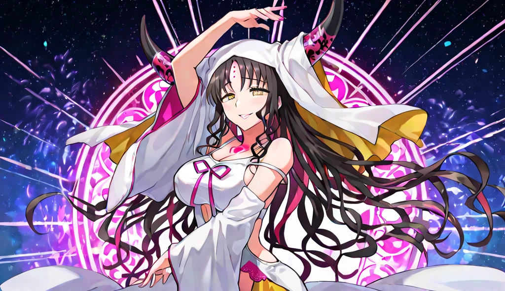 photo of a iom girl, <lora:sesshouinKiaraFateGrand_v10:1>, masterpiece, best quality, long eyelashes, eyeliner, eyeshadow, mascara, colorful, pink lips, best quality, ultra-detailed, illustration, close-up, straight on, tsurime, sesshouin kiara, 1girl, breasts, yellow eyes, horns, blush, veil, long hair, light smile, huge breasts, black hair, collarbone, forehead mark, bare shoulders, facial mark, multicolored hair, chest tattoo, nose blush, tattoo, looking at viewer, cleavage, pink hair, detached sleeves, wavy hair, bangs, very long hair, gradient hair, pink lips, looking at viewer, in space, starry background, face focus, grin