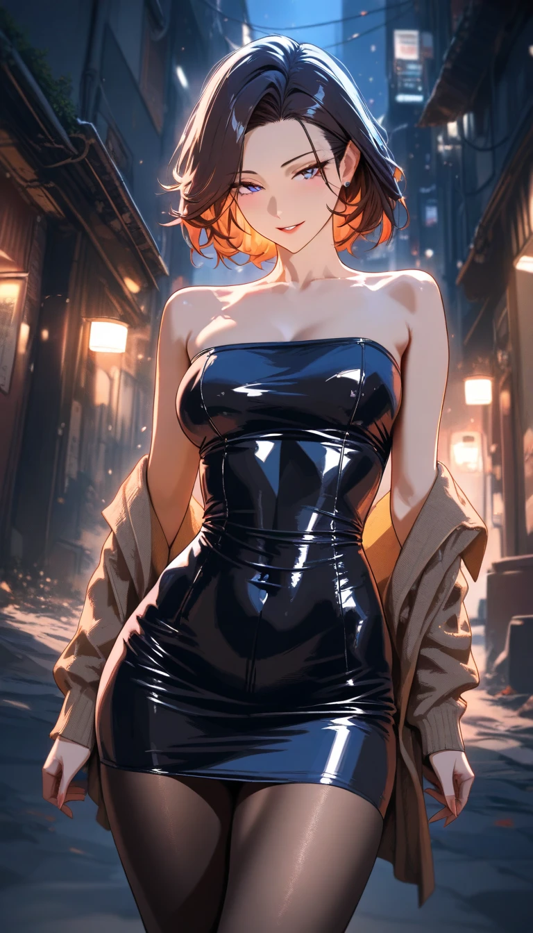 1girl,a beautiful fashion model ,(masterpiece, detailed background, best quality),short and shiny hair, red hair, hair with highlights, bangs, smirk,juicy lips,red lips, calmart, lingerie, stripping, elegant makeup, blue eyes, full body shot, (shiny skin), cyberpunk, sci fi, boa, extravagant jewelry, cocky expression, covered in jewelry, fancy, , bra, thong, stripping, cyberpunk club, stripper pole