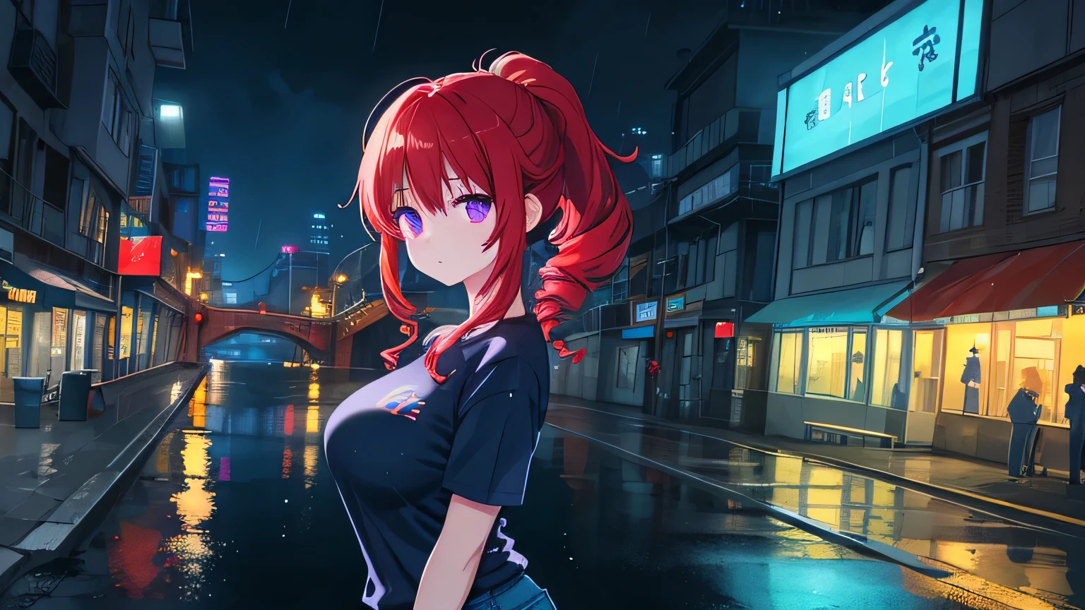 red hair with drills、ponytail、Purple eyes、big breasts、beautiful、 lori、One woman、 light blue long t-shirt、Denim Pants、Blue Sneakers、wearing a cap、Night City、rain、I'm wearing a river bridge sidewalk、anime style、realistic texture、bright neon lights driven by crowds、 Light Reflected on the Water 、deep composition