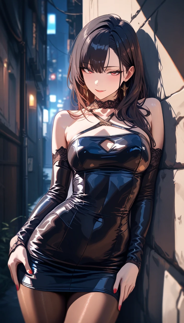 ((Highest quality)), ((masterpiece)), (detailed),Perfect Anatomy,Natural Light,In the city where buildings stand side by side,Night Scenery,A very cute, baby-faced, black-haired woman,((Highest quality, 8k, masterpiece: 1.3, )),A woman with very small breasts,Well-proportioned, slim body,Long, slender legs,Long, thin hands, detailedな顔, detailedな肌, fine grain, detailedな唇, detailedな舌, detailedな指, Mouth detailed, Beautiful teeth alignment,Realistic, High resolution, Natural light, Dynamic pose,Toned Legs, double eyelid, Tear bags, Round eyes, Moist eyes,Moisturized lips,Long, flowing blonde hair, (((Black leather collar,Wearing a black leather jacket,A black leather jumper that reveals the chest,Wearing a very short black leather miniskirt,White panties look good,Black leather belt at waist))),((spread your legs wide 1.9,Open your legs in an M shape..5,Woman sitting with knees up 1.4,A pose that emphasizes panties,I want to see more panties)),Poses that emphasize the uterus,A pose that gives a good view of the anus and pussy,