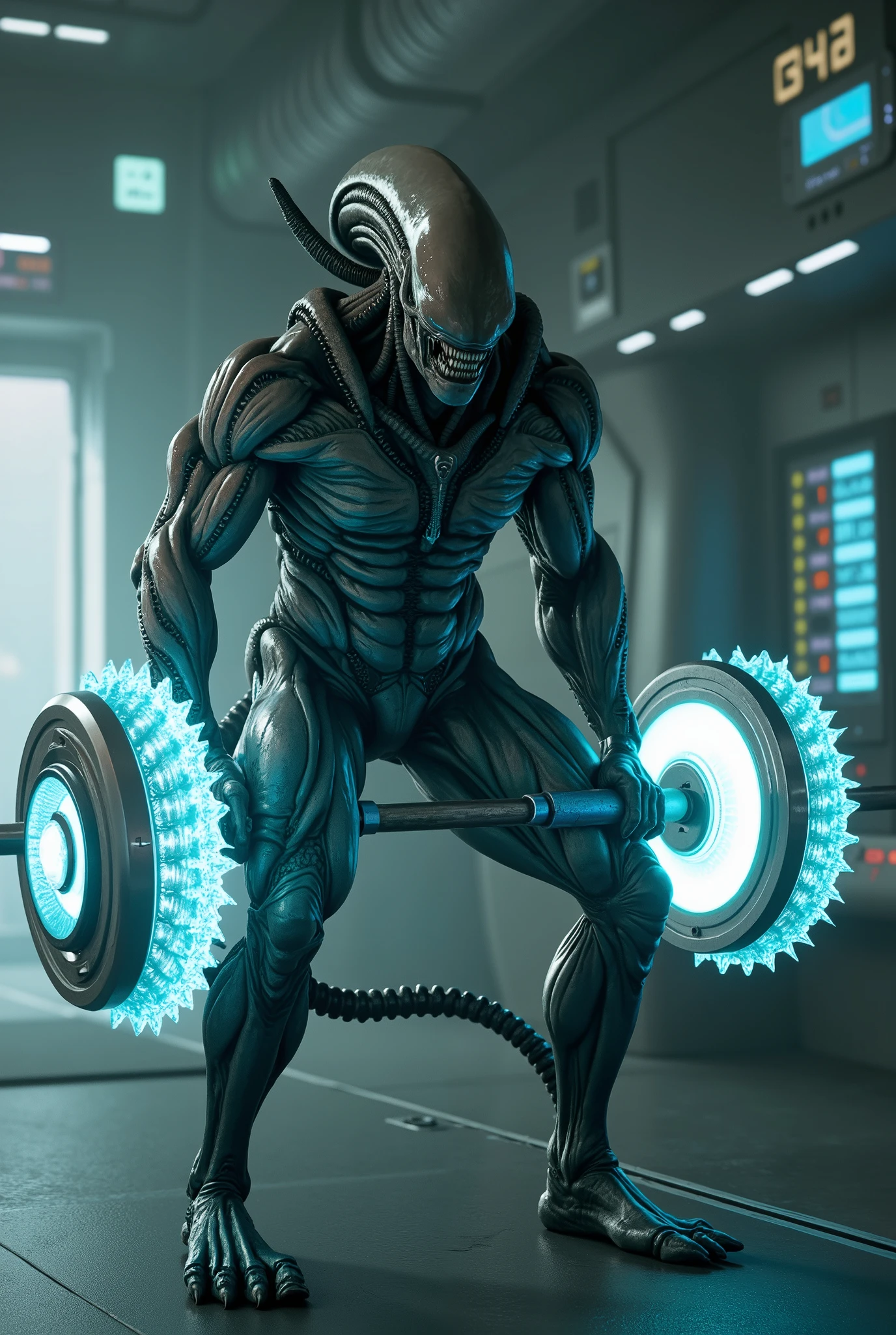 Muscle Takashi々Aliens are training by lifting big dumbbells、