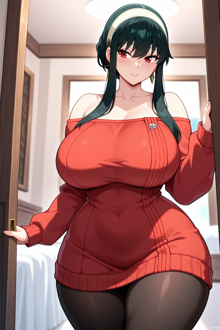 High tail hairstyle, Ponytail hairstyle, Long wavy black hair, standing posing, anime girl style, pixel art anime style,penetrating look with deep eyes,red and purple eyes, hair with a ponytail hairstyle trapped with a big red bun, women, red hair clips, x color shaped hair clips , smiling face blush, next to his bed, lingerie, tank top, Black hair, big thighs,minidress