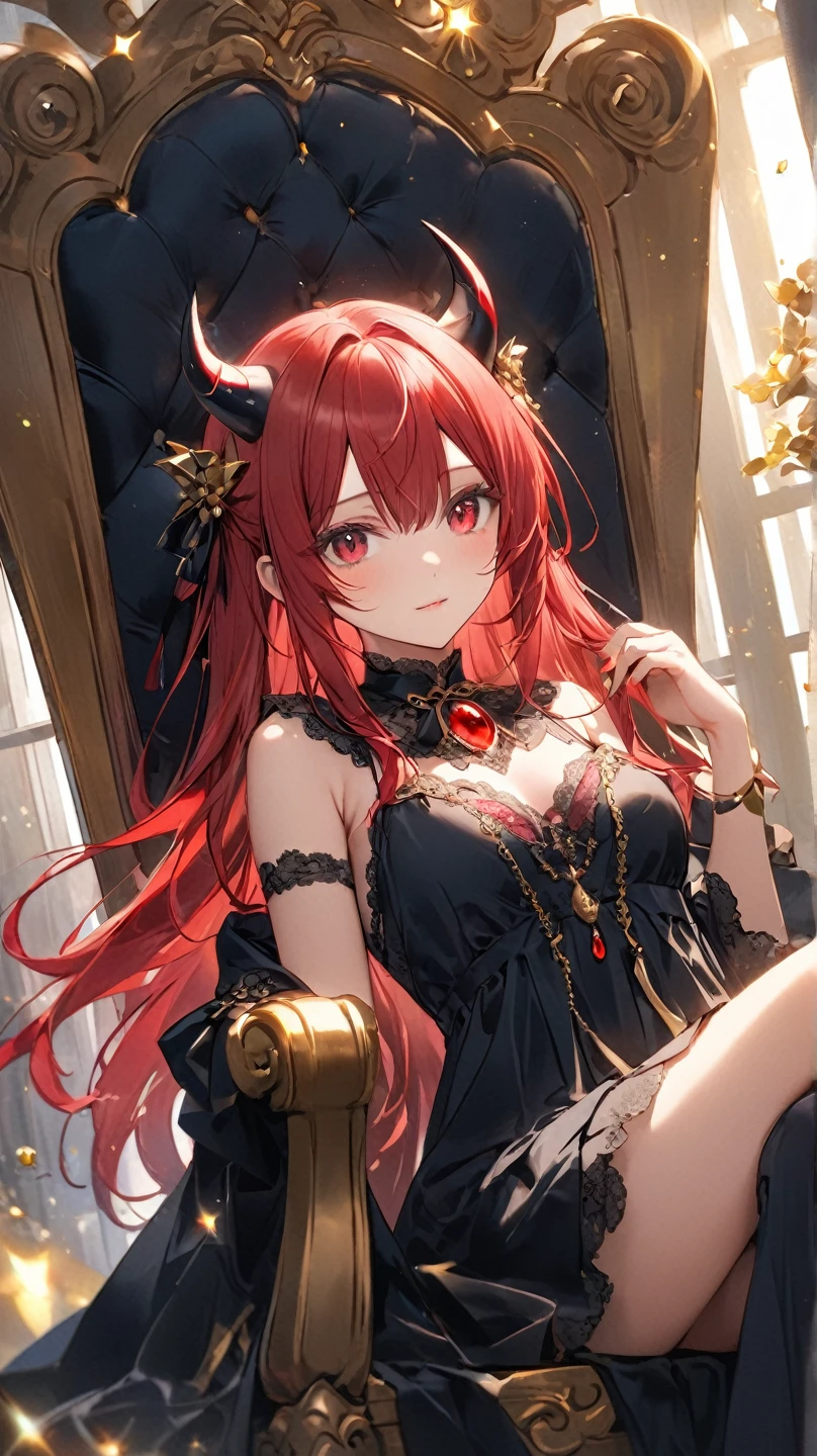 (delicate and beautiful CG artwork),(best quality, ultra-detailed, high resolution),(dynamic angle, dynamic lighting),(1 character),(long white and red hair, red eyes, beautiful face),(black transparent stocking),(devil) (long sideburns) clock in background, city, night light, horns, black dress