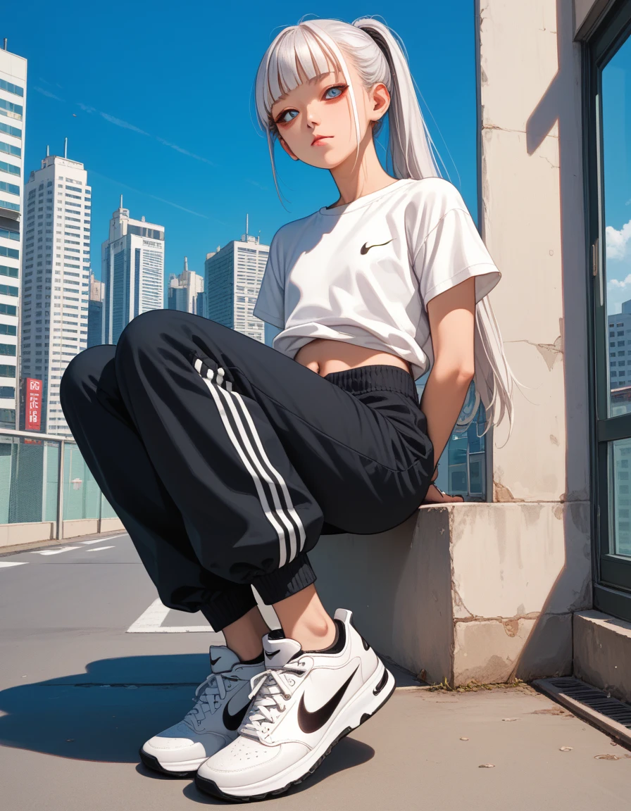 Aravi sat on the ground,legs crossed,Tilt your head, Girl with white hair, long white hair, Perfect white haired girl, with long white hair, Realistic anime 3 D style, Tifa Lockhart with white hair, Realistic young anime girl, the anime girl is crouching, anime barbie in white, hyperrealistic teen