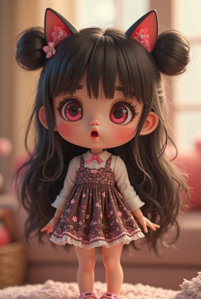 Create a black chibi style doll, dark curly hair, big black eyes, a pretty red bow, smile on her face and rosy cheeks. She should be wearing a long black shirt with white polka dot details. Appearance must be cute