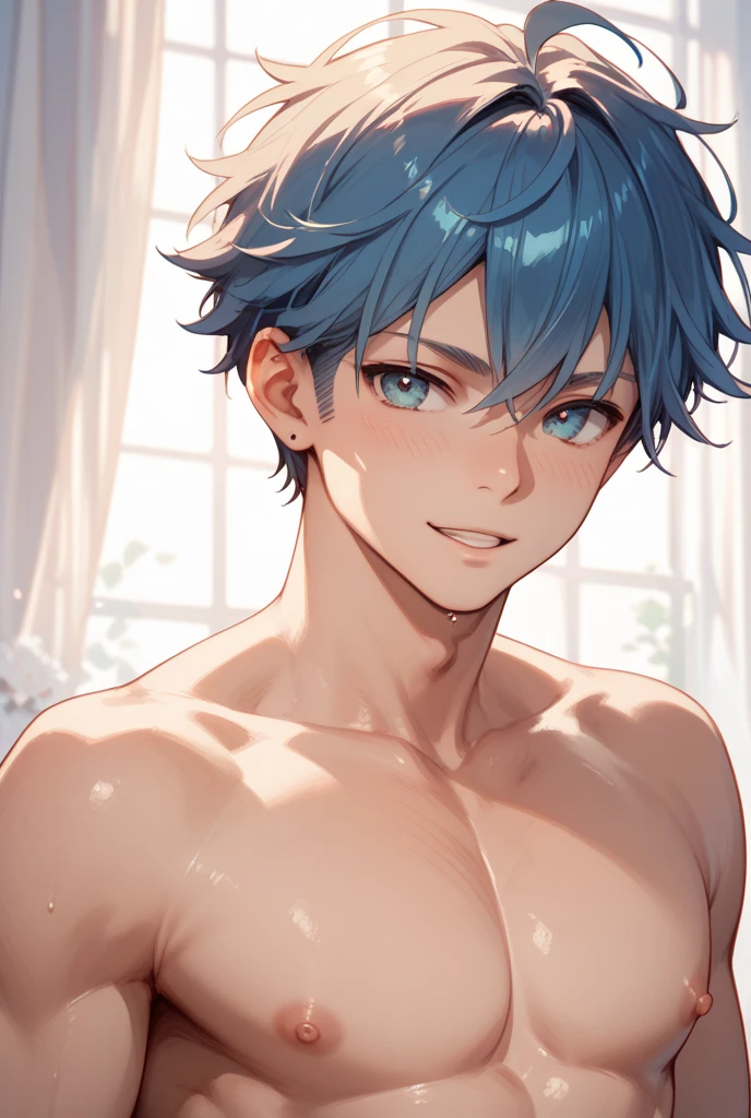 ((better quality)), ((Obra de arte)), (detalhado), MALE, anime, with messy blond short hair shaved on the side, blue light eyes, leaning on on top of the camera seductively like if he was on top of the viewer, shirtless