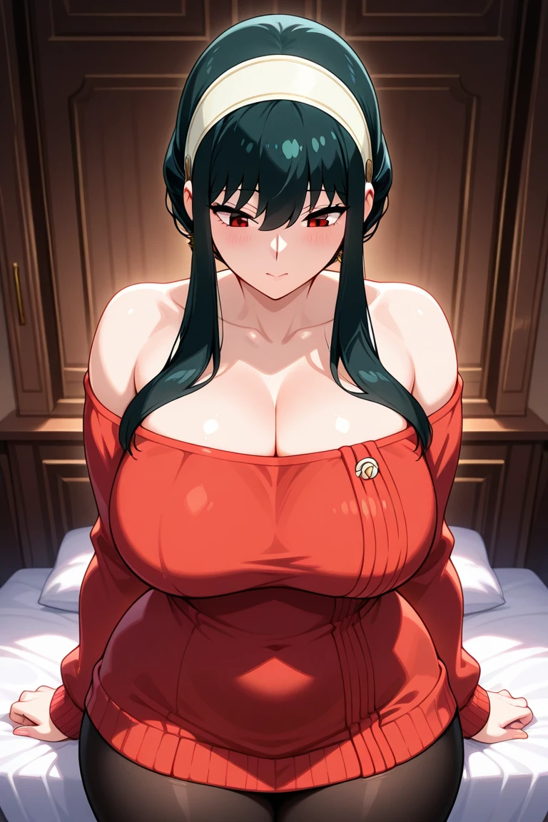 (melhor qualidade:1.3), (qualidade 4K), good composition, green glowing light, full body, head rest, lips, (pretty face, low-tied long hair, ((red_eyes:1.3)), (day:1.2),yor, (Grinning smile) ,(((blush))))), ((large udder)),,(((Sleeveless red sweater)))、Black knee socks, sagging breast, huge breasts, thicc thighs, thin waist, huge breasts, toned ass,