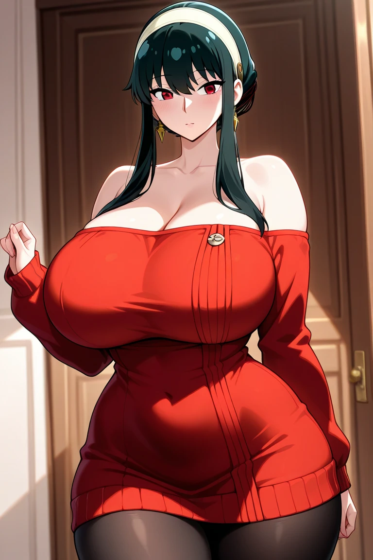 An anime-style artwork depicting yor from the anime spy x family
Tags: Yor Forger, dress, holding, black hair, red dress, high heels, thighhighs, red eyes, two-sided fabric, hairband, sidelocks, looking at viewer, bare shoulders, standing, earrings, short hair with long locks, jewelry, closed mouth, bangs, anime, detailed eyes, detailed lips, ass, 1girl, red eyes, (black hair:1.1), solo, huge breasts, smiling expression, intense gaze, dynamic pose, indoor, palace, vibrant colors, digital art, high-resolution, professional quality, gigantic breasts, cleavage), curvy, cowboy shot, (gigantic breasts: 1.4),