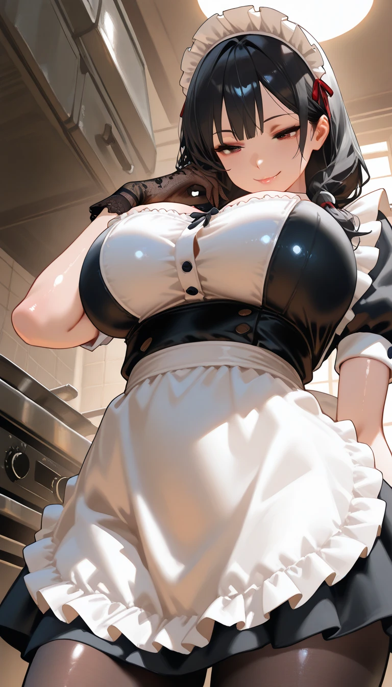 1 girl,Soloc,Kneeling,micro Bikini,masterpiece, best quality, very aesthetic, absurdres,maid frill bikini,Heavy Breathing,open mouth,looking at viewer,breast,tan,bare shoulder,oral infection,huge Areola