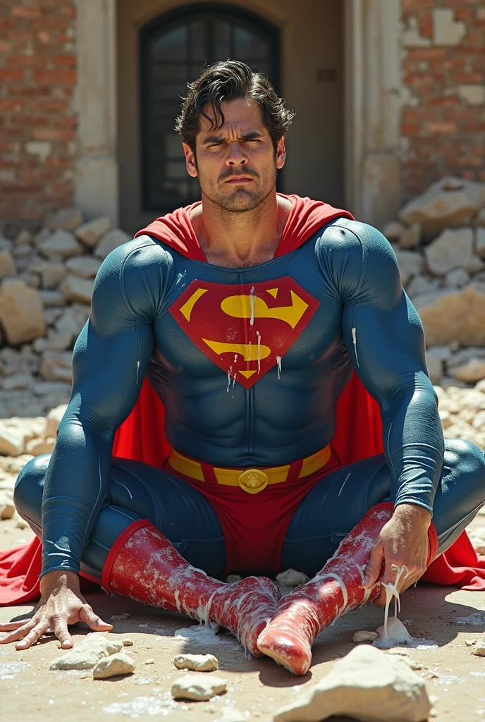 best quality, ultra high res, photo,realistic, detailed background,mature male,(full cover superman blue torn union suit:1.1),(red thong:1.2),(random torn clothes:1.3),nipple exposed,black hair,age 30,perfect face, super handsome face, perfect face, clean face,black hair,(expression of pain:1.3),(cum dripping out of:1.2),yellow belt,belly,huge bulge,(Unconscious:1.5), standing,in street,red cloak,cum,bright light
