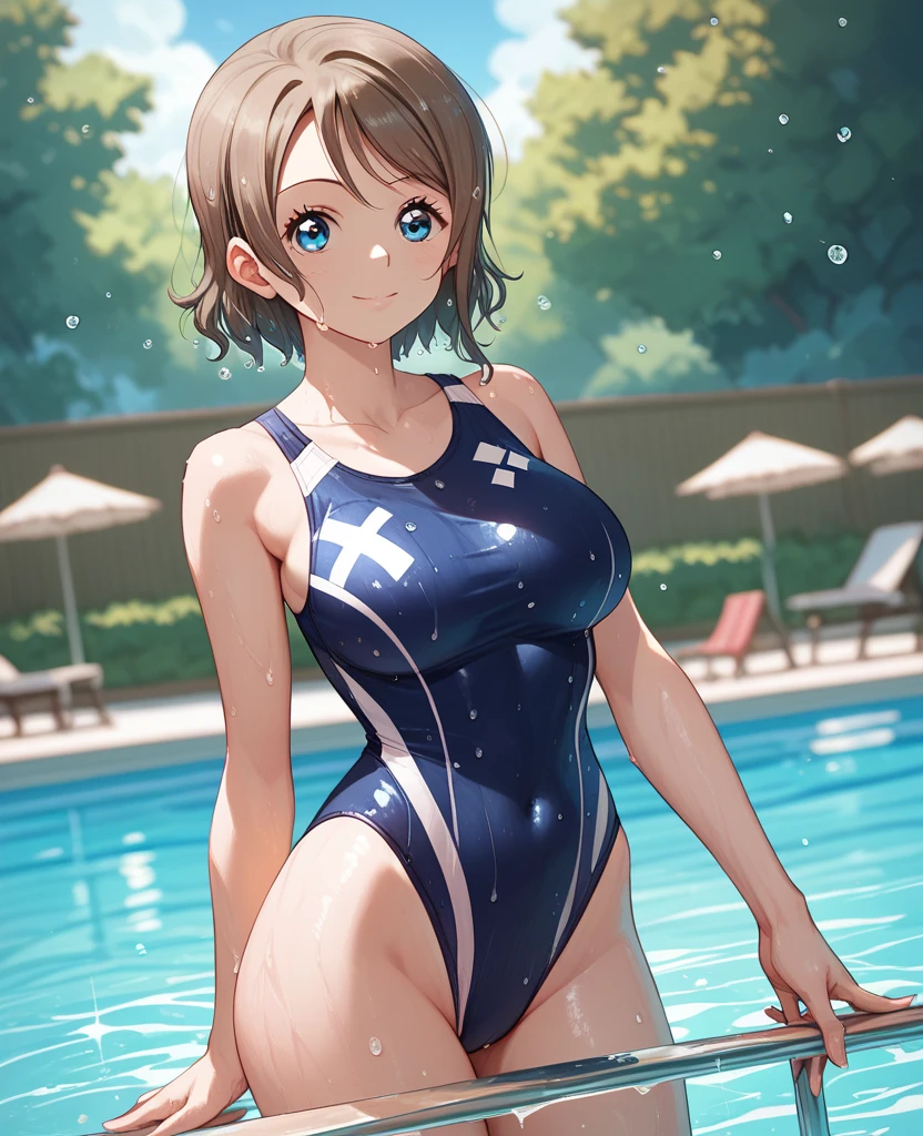 (masterpiece), 8k wallpaper, alone, Issei Watanabe, Are standing, School corridor, Side bust,One piece swimsuit, V-neck, Low cut at hips, blue eyes, Beautiful and graceful face and eyes, Browsing Caution:1.9