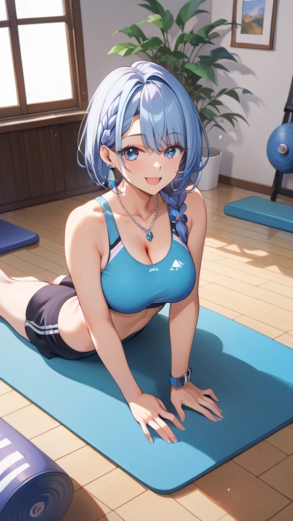 Azure hair,purple eyes,masterpiece, best quality, lifelike, yujiasuit, Good yoga exercise, yoga Pants, 1 girl, alone, , Yoga balls, Pants, looking at the audience, Smile, Green sports bra, simple background, , diaphragm, long hair, breast, green Pants, sportswear, Vest, Upper body