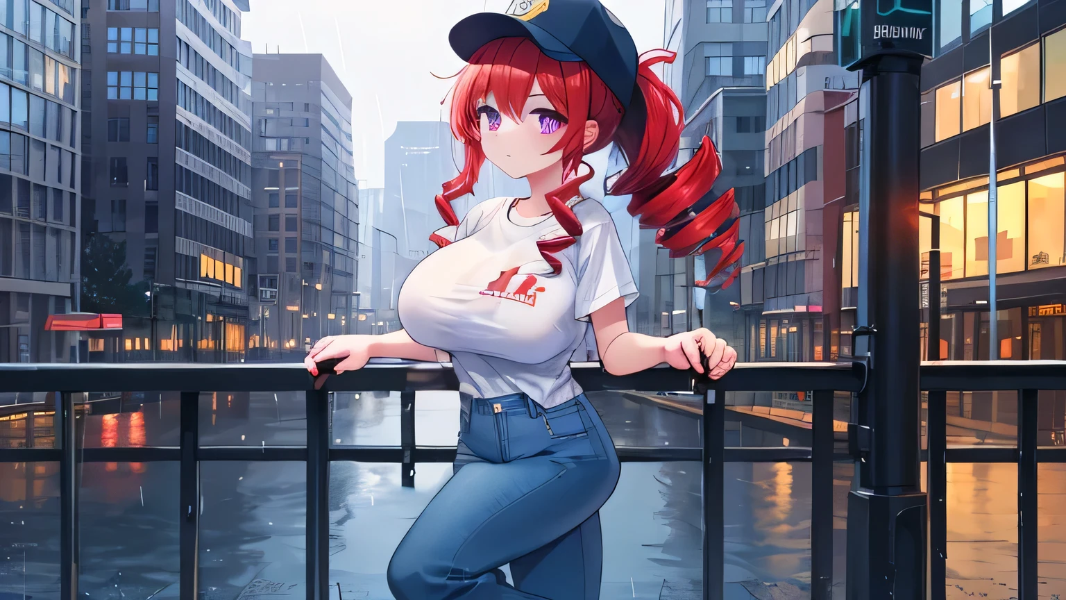 ((work of art,best qualityer)),8 k wallpaper,1 girl, long hair, Red hair, standing alone, don, Eyes red, looking ahead at viewer, long sleeves, standing, building, white don, mitts, hair ornament, Black jacke, ssmile, floating hair, dutch angle, cloused mouth, looking away, plein-air, huge lips, rosto angelical, serene expression, beautiful girl, Facial Focus, (Ultra Detailed 1.2), (Full HD), (greasy skin)