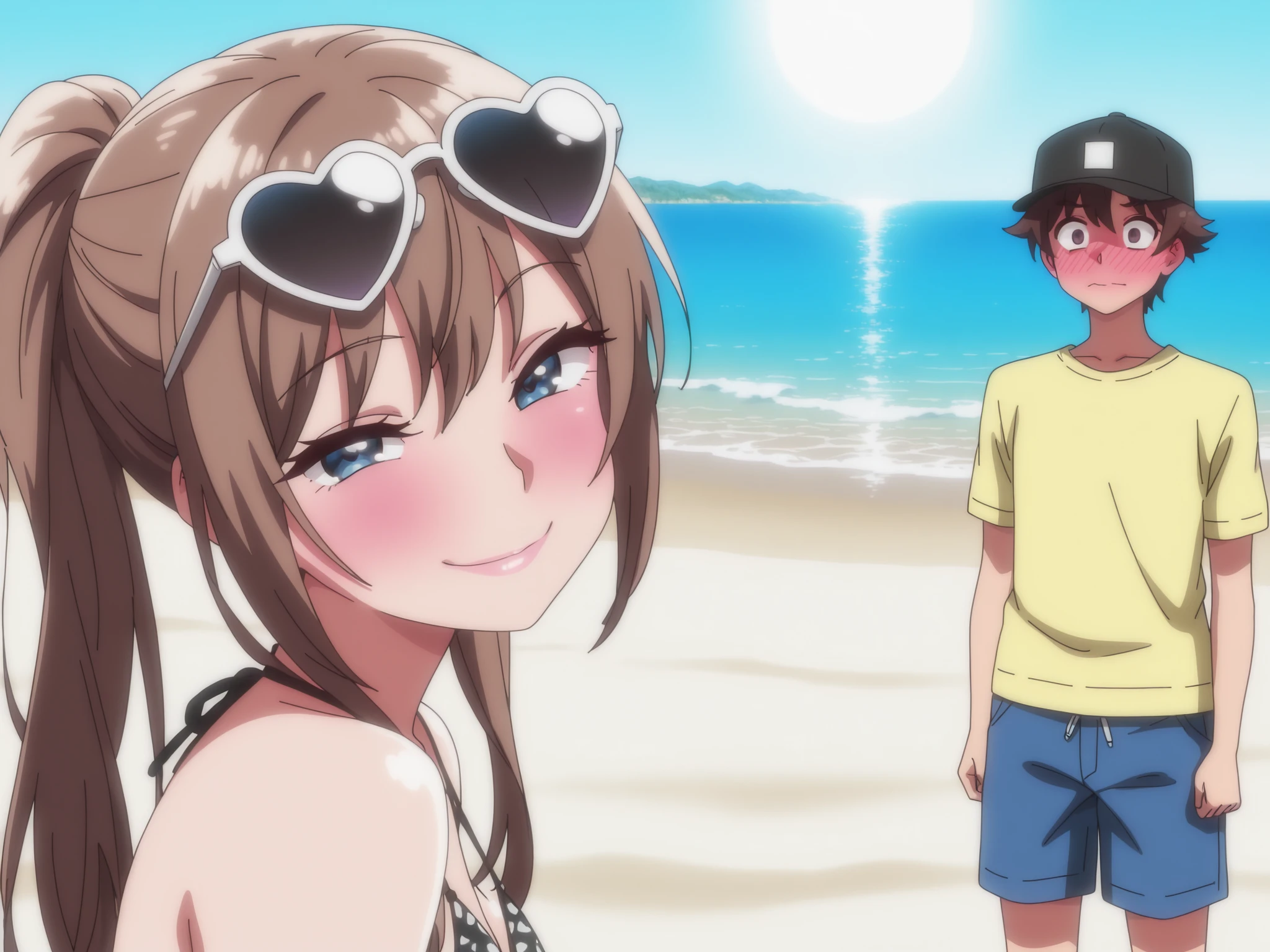 7 years old beautiful Anime girl laying on the beach in bikini over a towel and a cute boy in swimsuit who is kissing her on the lips mouth touching.