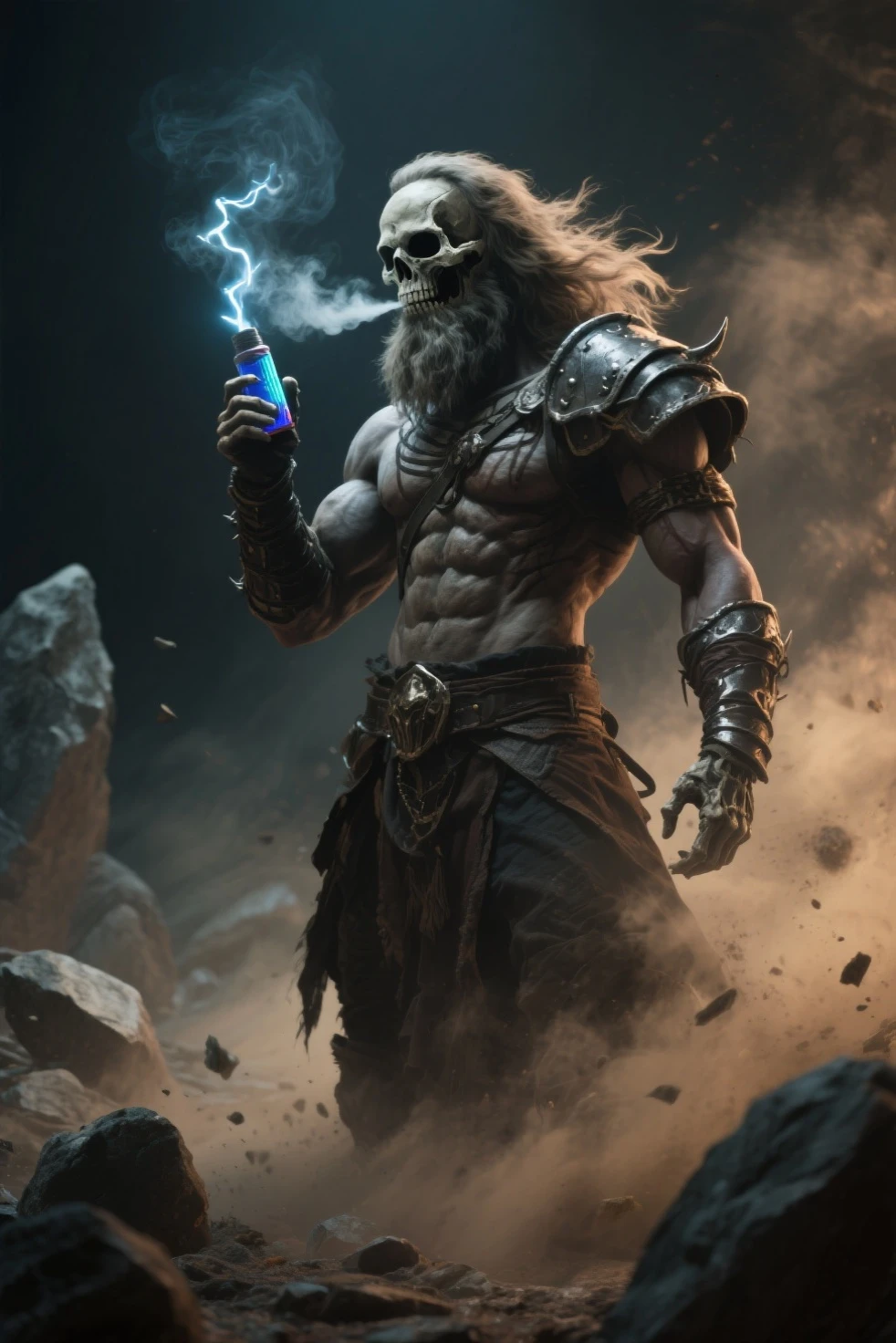 ((Cinematic light, Best quality, 8k, Masterpiece :1.3)), realism, male goliath 60 years old, muscular, white skin (white skin:2), square face, (bald:2), (black viking tattoos on face and head:2), full big black beard (big black beard:1.3), detailed eyes (white eyes:1.1), no pupils, he is wearing a poor old medieval clothes (medieval clothes:1.3), standing behind the counter of a medieval tavern, angle (from bellow:1.2), fantasy style, dark fantasy style, dark souls style, 1980 style, diablo style.