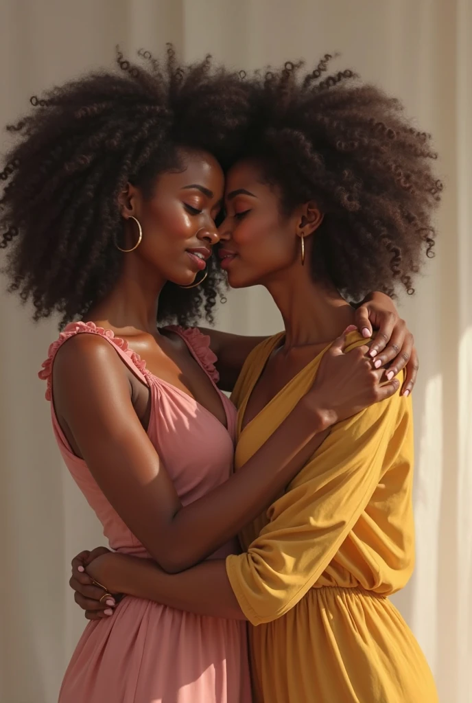 (8K, top-quality, masterpiece: 1.2), (reallistic, Photorealistic: 1.2), two Beautiful African women, Deeply in love, Embracing each other tight, Sharing a passionate and tender kiss.

Their radiant smiles illuminate the scene, revealing their inviting eyes. The sunlight dances off their dark, luscious curls, framing their fine, beautiful faces. The intricate details of their skin are illuminated by the natural light, showcasing their natural textures and hyper-realistic features.

One woman wears a vibrant, flowing dress adorned with intricate patterns, while the other don