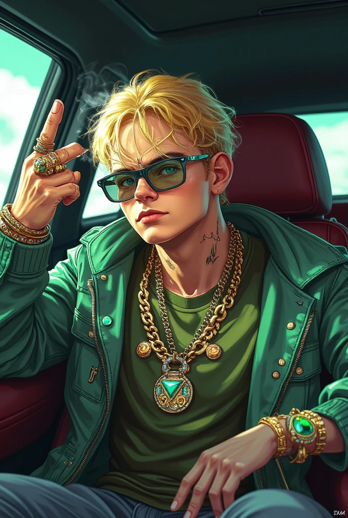 The character has a playful and confident expression, with his head tilted slightly back and his mouth open. He is biting on the end of a long, patterned scarf, pulling it taut. His eyes are hidden behind large, reflective sunglasses with orange lenses that have a pixelated pattern. The glasses catch the light, creating a bright, star-like sparkle on the right lens, adding a touch of glamour. His hair is short, tousled, and blonde, with individual strands detailed to show texture and movement. The hair is styled casually, enhancing his laid-back yet trendy look. He wears a small hoop earring in his left ear, adding to his fashionable appearance. The character is dressed in a pink sweater with bold, vertical stripes in a slightly darker pink. The sweater is oversized Under the sweater, he wears a white collared shirt, the collar neatly folded over the sweater’s neckline. The collar’s edges are sharp and crisp, contrasting with the softness of the sweater. He sports a chunky gold necklace with a large, intricate pendant shaped like a woven knot or medallion. The pendant catches the light, emitting a bright gleam similar to the one on his sunglasses. The scarf he is biting on is light yellow with dark speckles and abstract patterns, adding a touch of whimsy and texture to his outfit. The scarf is also wrapped around his left hand, covering his knuckles and part of his wrist, giving the impression of both style and utility. He wears multiple gold rings on his fingers, which catch the light and add to his overall flashy, flamboyant style. The background is a solid, vibrant yellow, which complements the pink tones of the character’s outfit and makes the overall image pop
