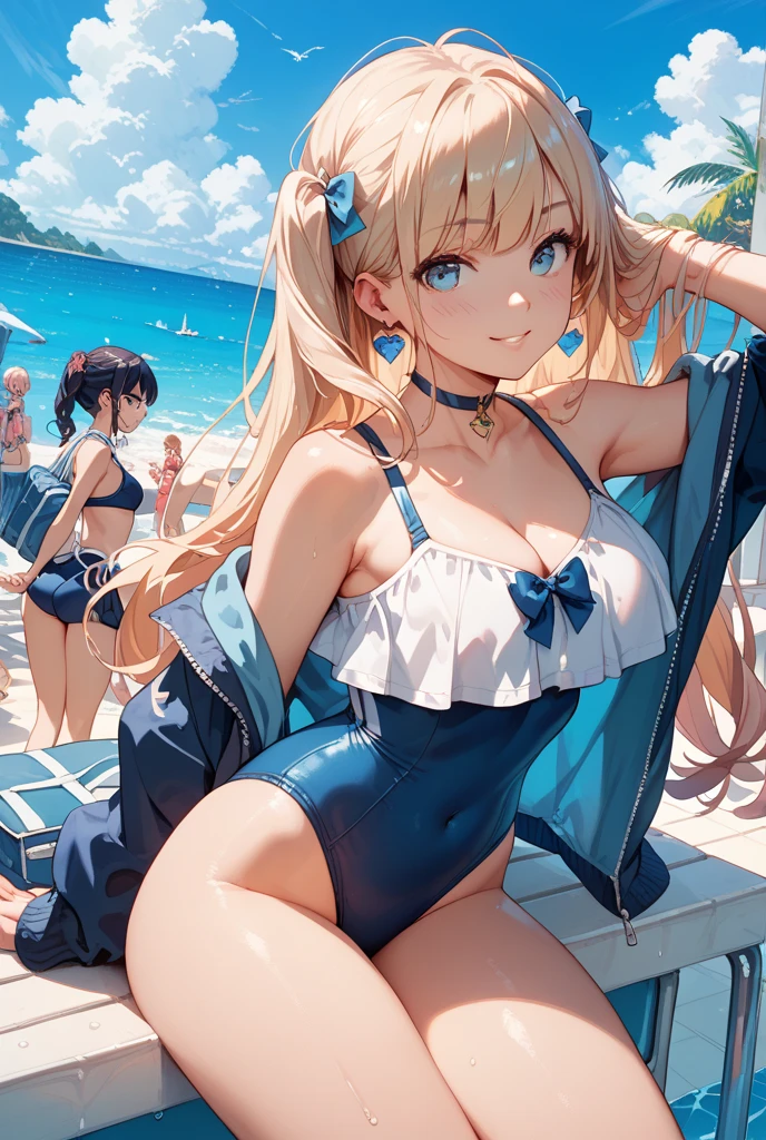 girl,(masterpiece,Highest quality),Street,(Brown Skin),(Completely naked),Bare shoulders、Gal、Blonde、smile、passionate、Swimwear,long hair、(Underboob),Big Breasts,Cleavage,bikini、looking at the camera、shoeicro Mini Denim Shorts,solo、Are standing、barefoot,Swimwear