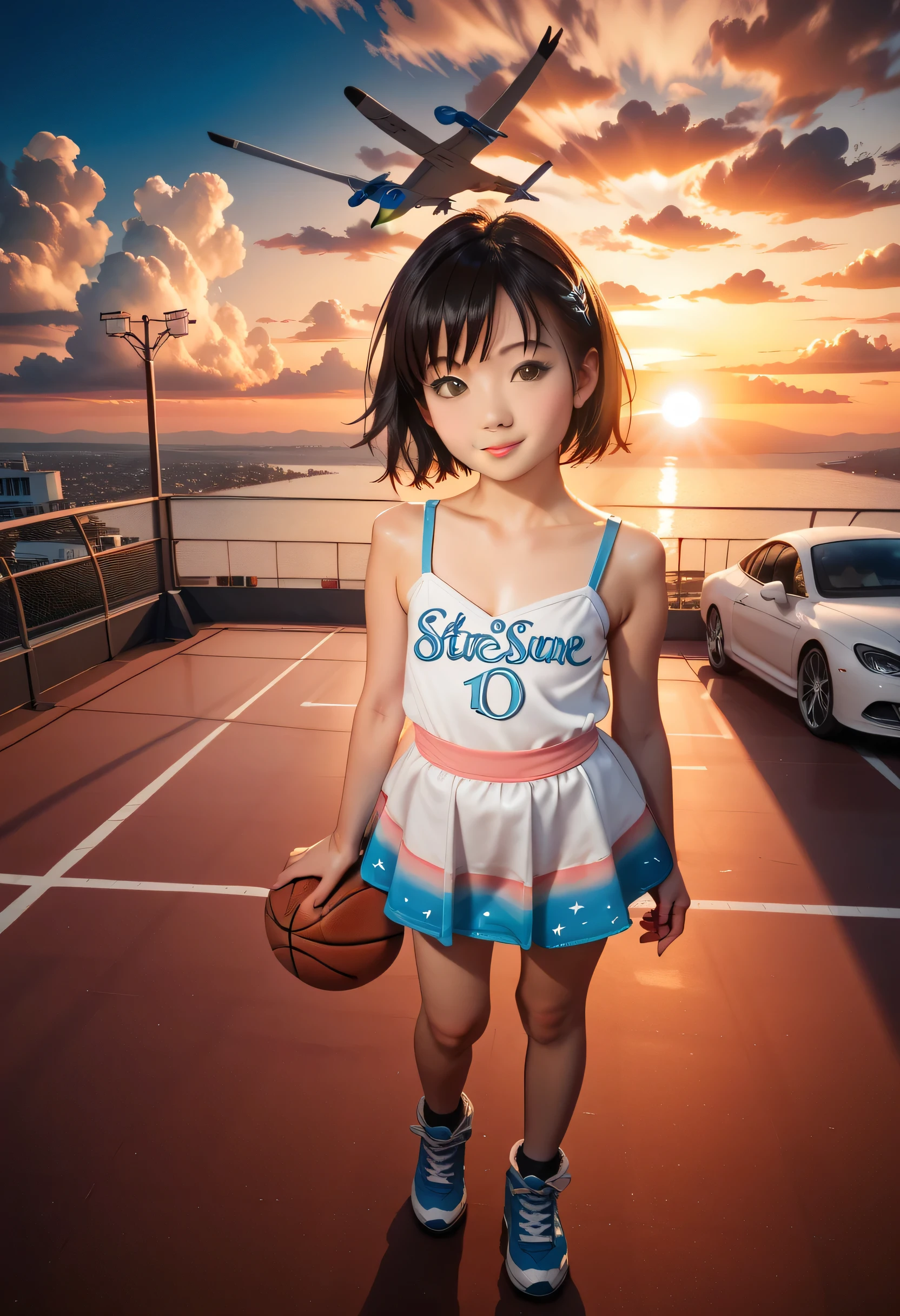 (realistic), (photo), (Short hem dress), super res, masterpiece, Highest Quality, Exquisite Description, Dramatic light, A young Asian girl with dark hair takes a layup shot to play basketball on the net , like a movie, anime scenery, Makoto Shinkai, Fantasy World, beautiful sky from a light source, cloud, building, Airplane's trajectory , bird, like a movie lighting, sunset, warm sunset, Warm sun, street, writing depth from above , Lens Flare