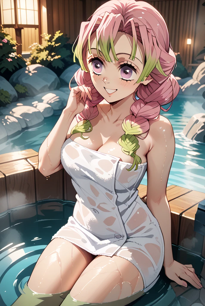 score_9, score_8_up, score_7_up, score_6_up,ChopioMitsuri, long hair, pink hair, green hair, twin braids, multicolored hair, green eyes, eyelashes, mole under eye, looking at viewer, large breasts, nude,naked, spread legs, big tits, indoors, onsen, solo, shiny, shiny skin, shiny outfit, wet clothes, wet skin