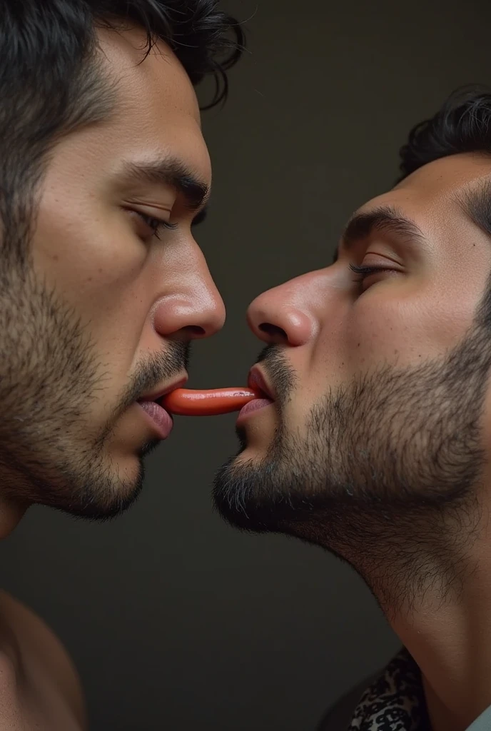 create a high-resolution image of two real men, facing each other, with their tongues out drooling, wearing no shirt, sweaty.