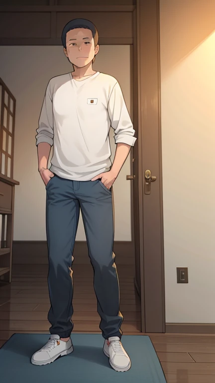 A man wearing clothes(black t-shirts,Long white pants)Open the door to the office