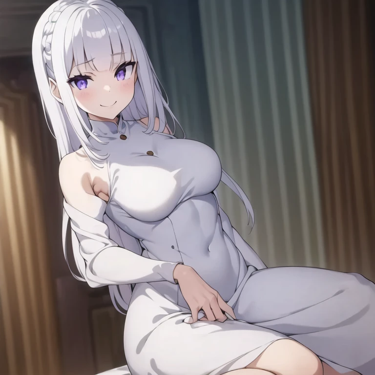 (masterpiece, best quality:1.2), 1girl, solo, female, silver hair, long hair, Violet eyes, 170 cm, 5'7", freya from danmachi, grey hair, hair ornament, swept bangs, choker, cleavage, huge breasts, navel, mature female, naked, fullbody naked, bare, completely bare, nipples, full naked