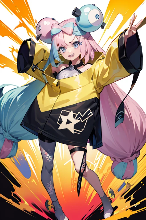 Highest quality、masterpiece、Anime Style、Pink hair and blue eyes、Yellow Jacket、Raise your right hand、Lower your left hand、Stand with only your right foot、Lift your left leg。Sharp teeth、smile、White background